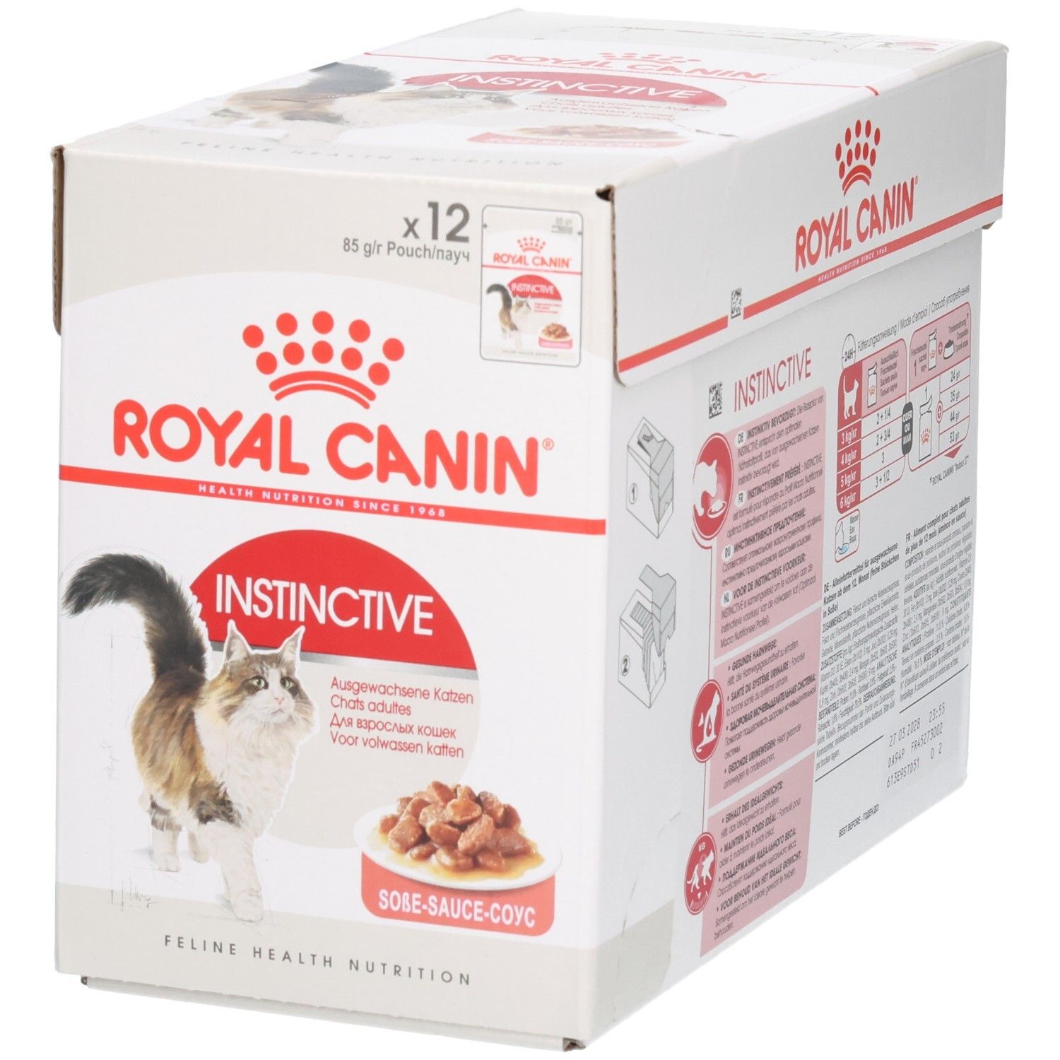 Vorderseite des Royal Canin Instinctive Multipacks mit Bild einer Katze und einer Schale Futter.