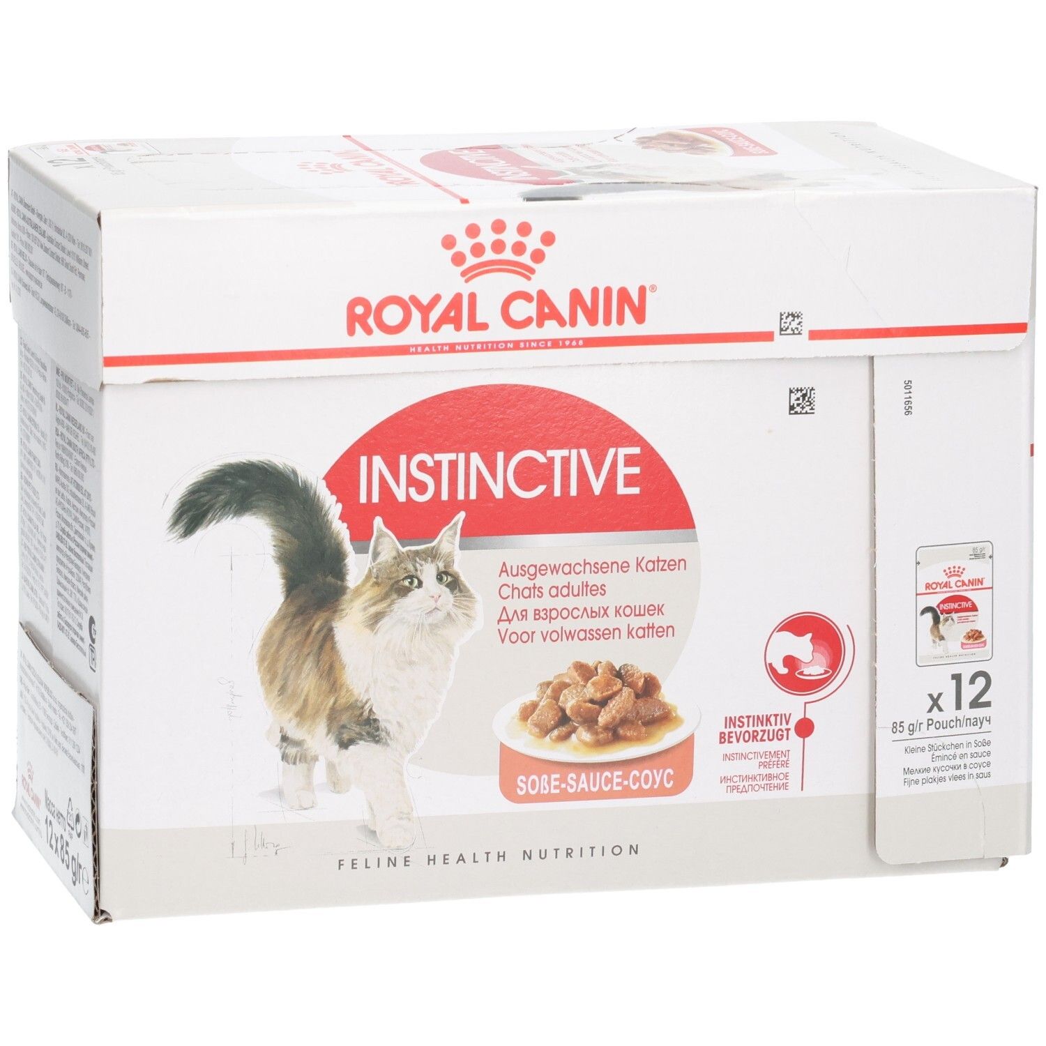 Royal Canin Instinctive Multipack für ausgewachsene Katzen, 12 x 85g Pouch, leicht schräg von vorne.