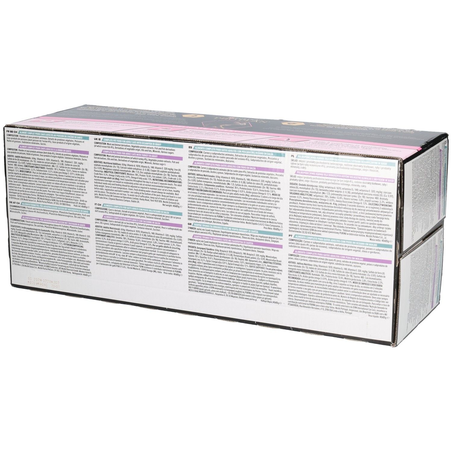 Rückseite der Kartonverpackung mit Text. Rosa und schwarze Elemente. Text in mehreren Sprachen.