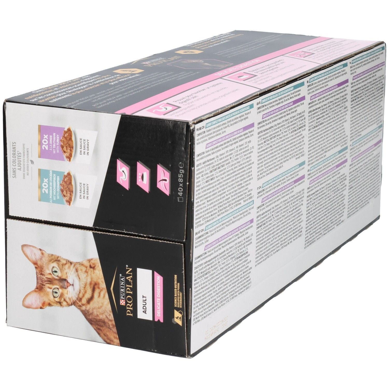 Kartonverpackung mit Text. Aufdrucke von Pro Plan, Katze, 20x Beutel, isfm-Logo. Rosa und schwarze Elemente.