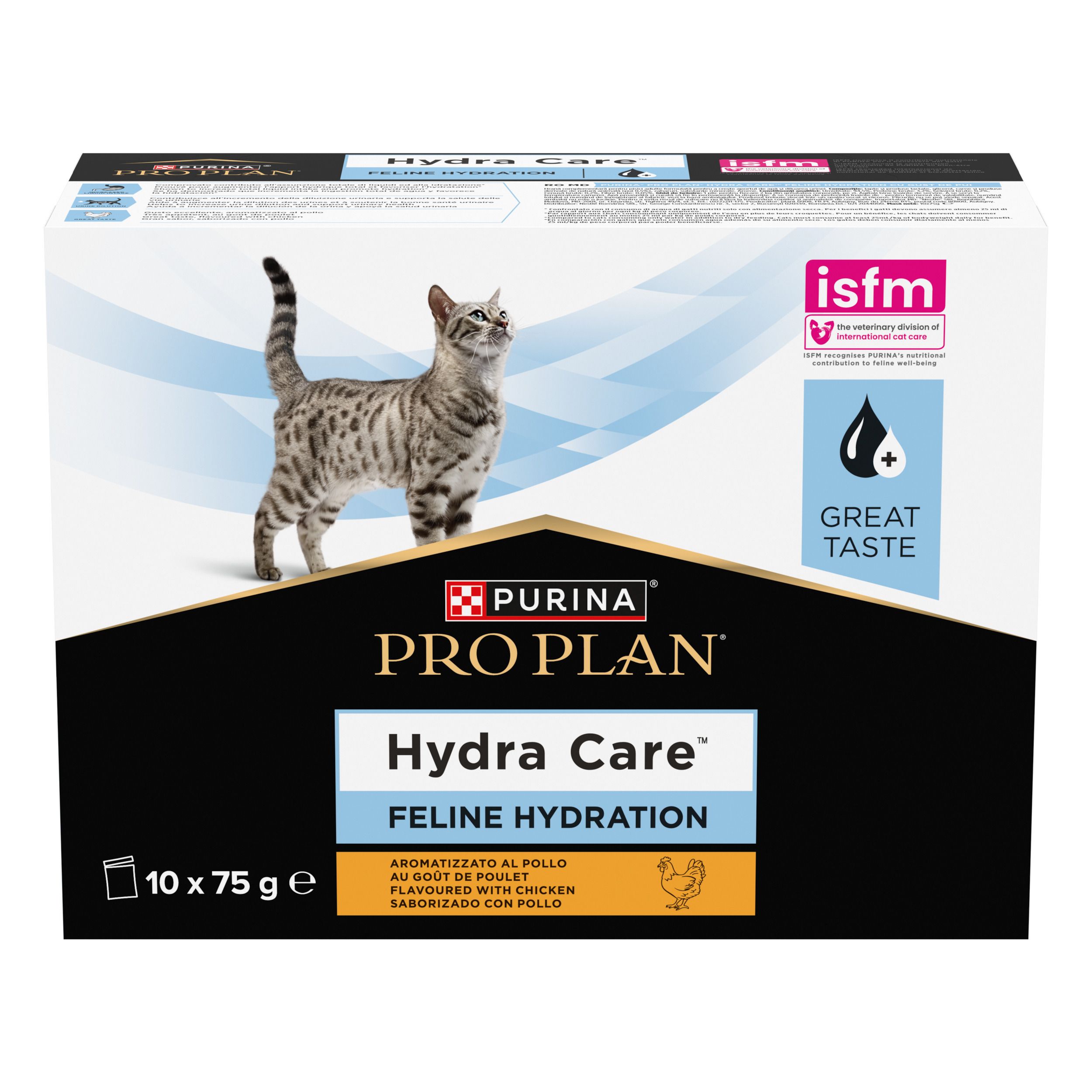 Boîte Purina Pro Plan Hydra Care. 10 sachets de 75g. Image de chat. Logo et texte. Label isfm.