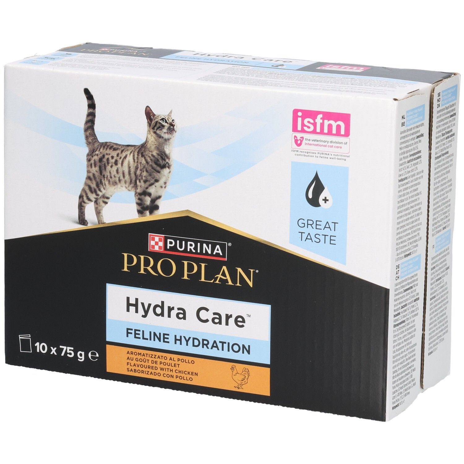 Kartonverpackung mit Purina Pro Plan Hydra Care. Aufdruck: 10 Beutel à 75g. Abbildung einer Katze. Logo und Text.