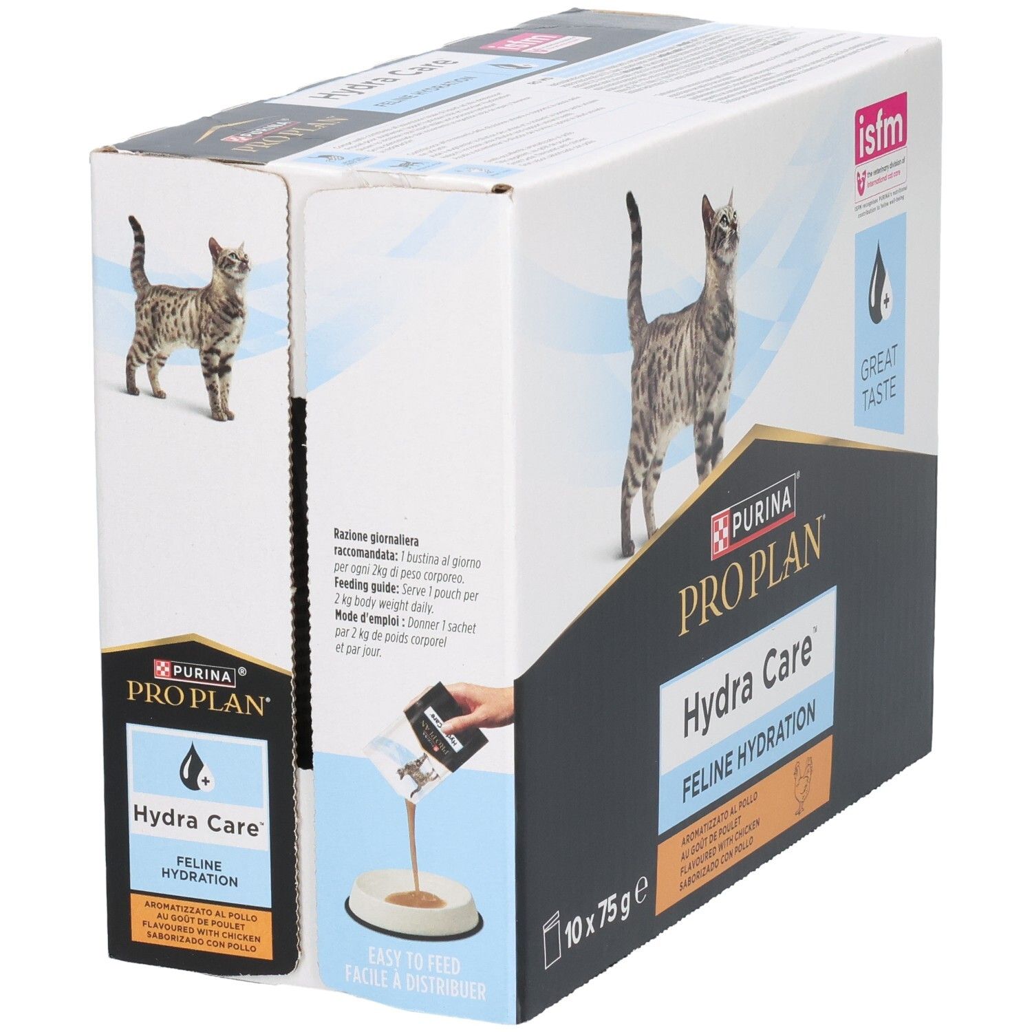 Kartonverpackung Purina Pro Plan Hydra Care. 10 Beutel à 75g. Abbildung einer Katze. Logo und Text. isfm-Label. Gebrauchsanweisung.