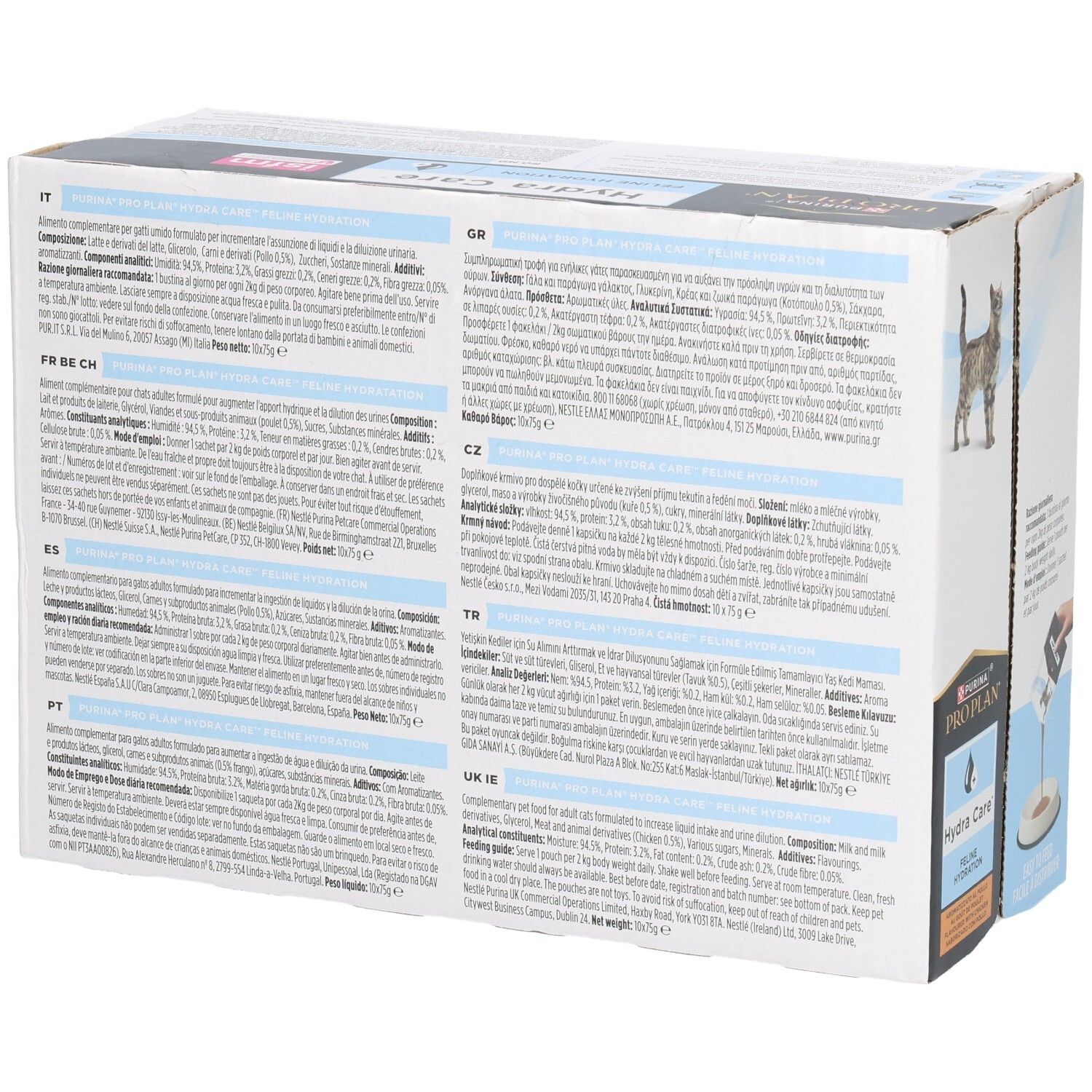 Rückseite der Kartonverpackung. Text in verschiedenen Sprachen. Purina Pro Plan Hydra Care. Abbildung einer Katze.