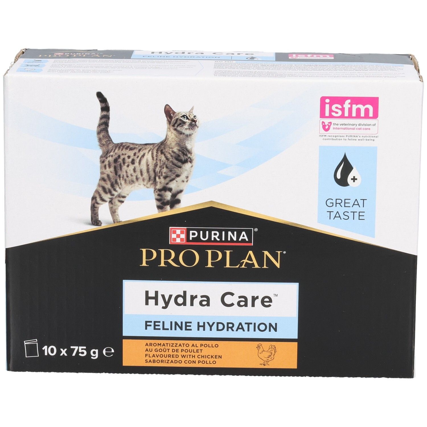 Kartonverpackung mit Purina Pro Plan Hydra Care. 10 Beutel à 75g. Abbildung einer Katze. Logo und Text. isfm-Label.