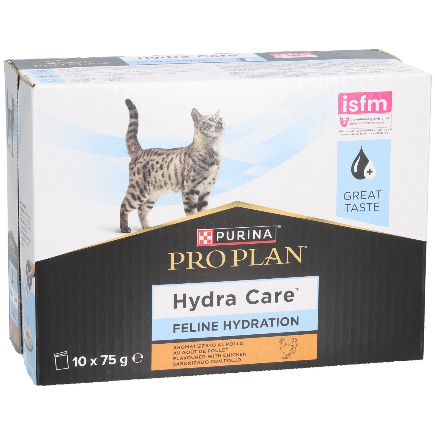 Kartonverpackung mit Purina Pro Plan Hydra Care. 10 Beutel à 75g. Abbildung einer Katze. Logo und Text. isfm-Label.