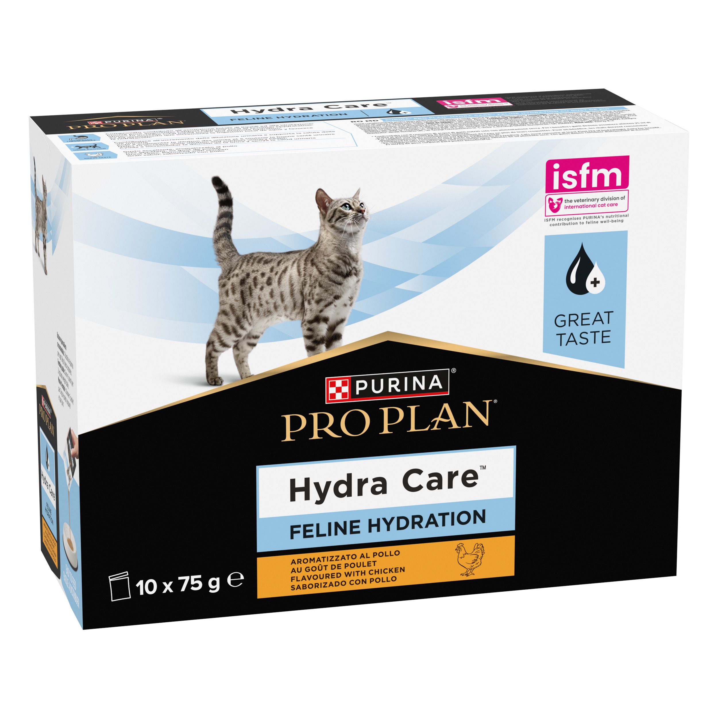 Boîte Purina Pro Plan Hydra Care. 10 sachets de 75g. Image de chat. Logo et texte. Label isfm.
