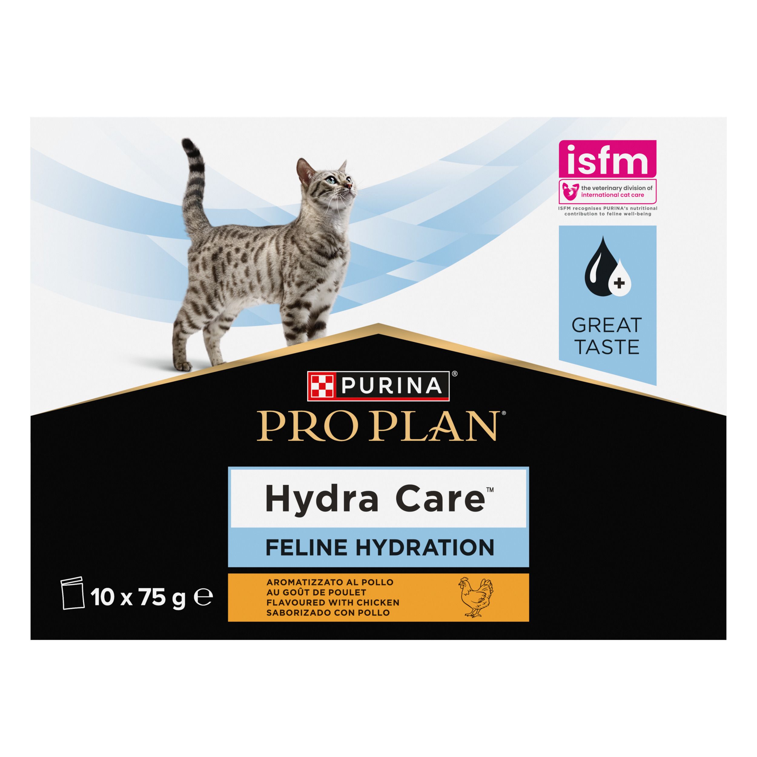 Boîte Purina Pro Plan Hydra Care. 10 sachets de 75g. Image de chat. Logo et texte. Label isfm.
