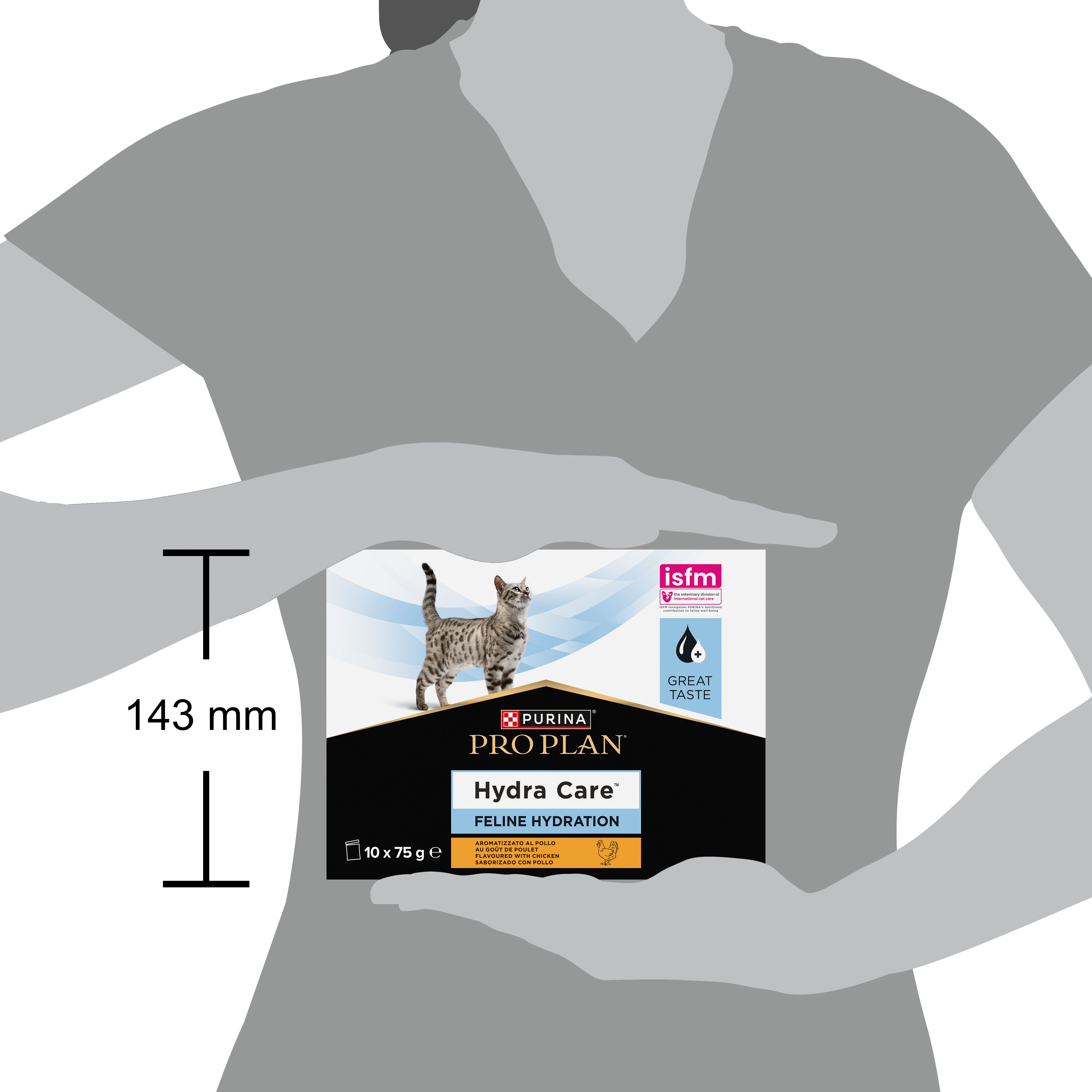 Boîte Purina Pro Plan Hydra Care. 10 sachets de 75g. Image de chat. Logo et texte. Label isfm.