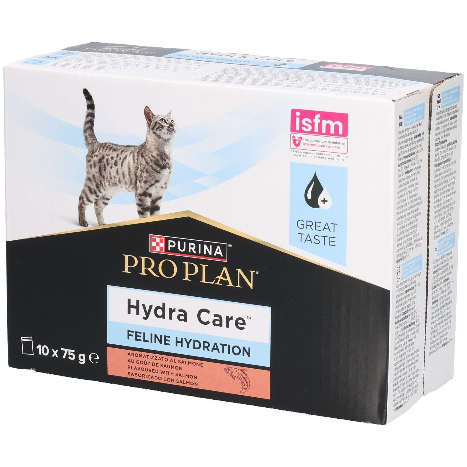 Kartonverpackung mit PRO PLAN Hydra Care für Katzen. 10 Beutel à 75g. Mit Katze und Logo.