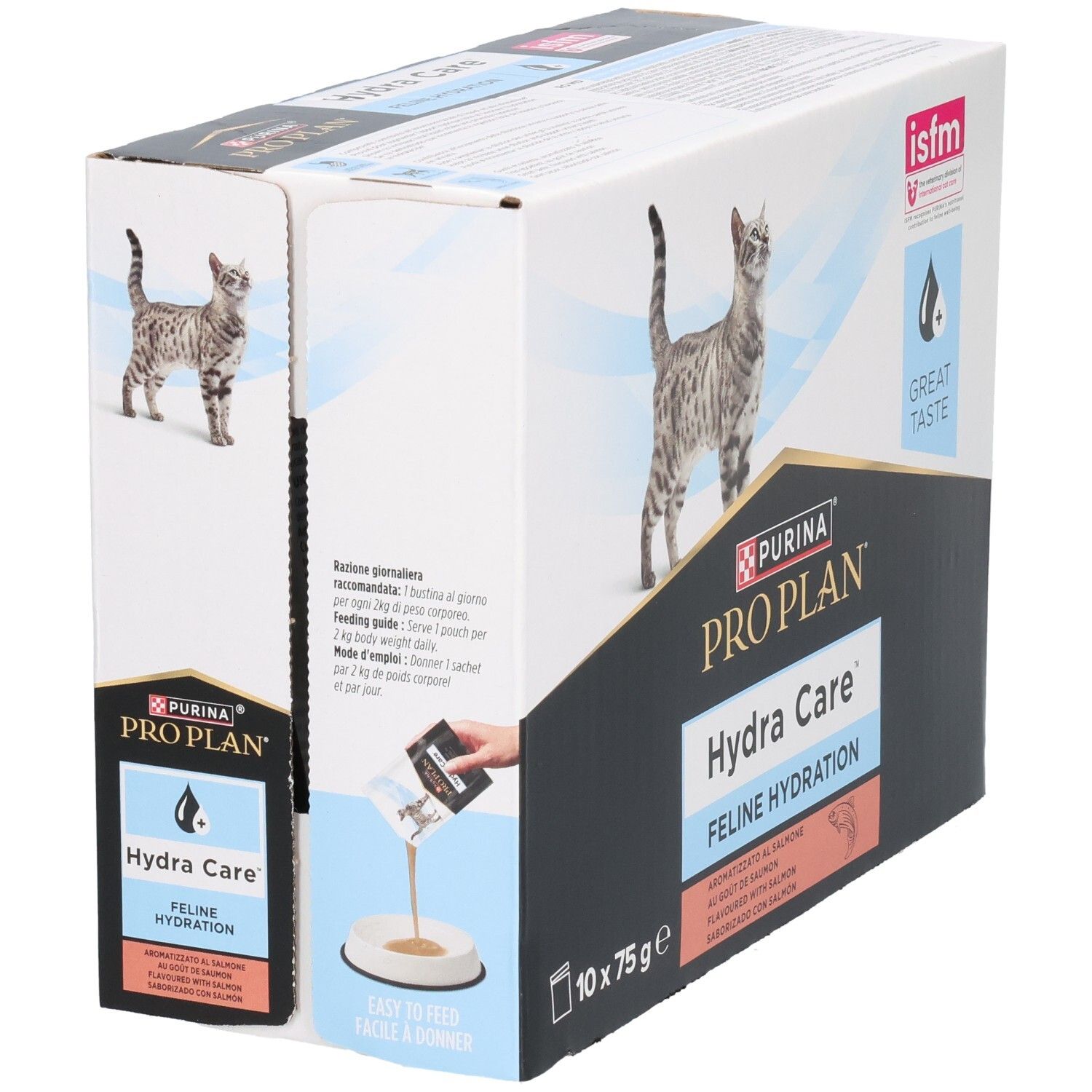 PRO PLAN Hydra Care Karton. 10 Beutel à 75g. Katze, Logo, und Produktpräsentation.
