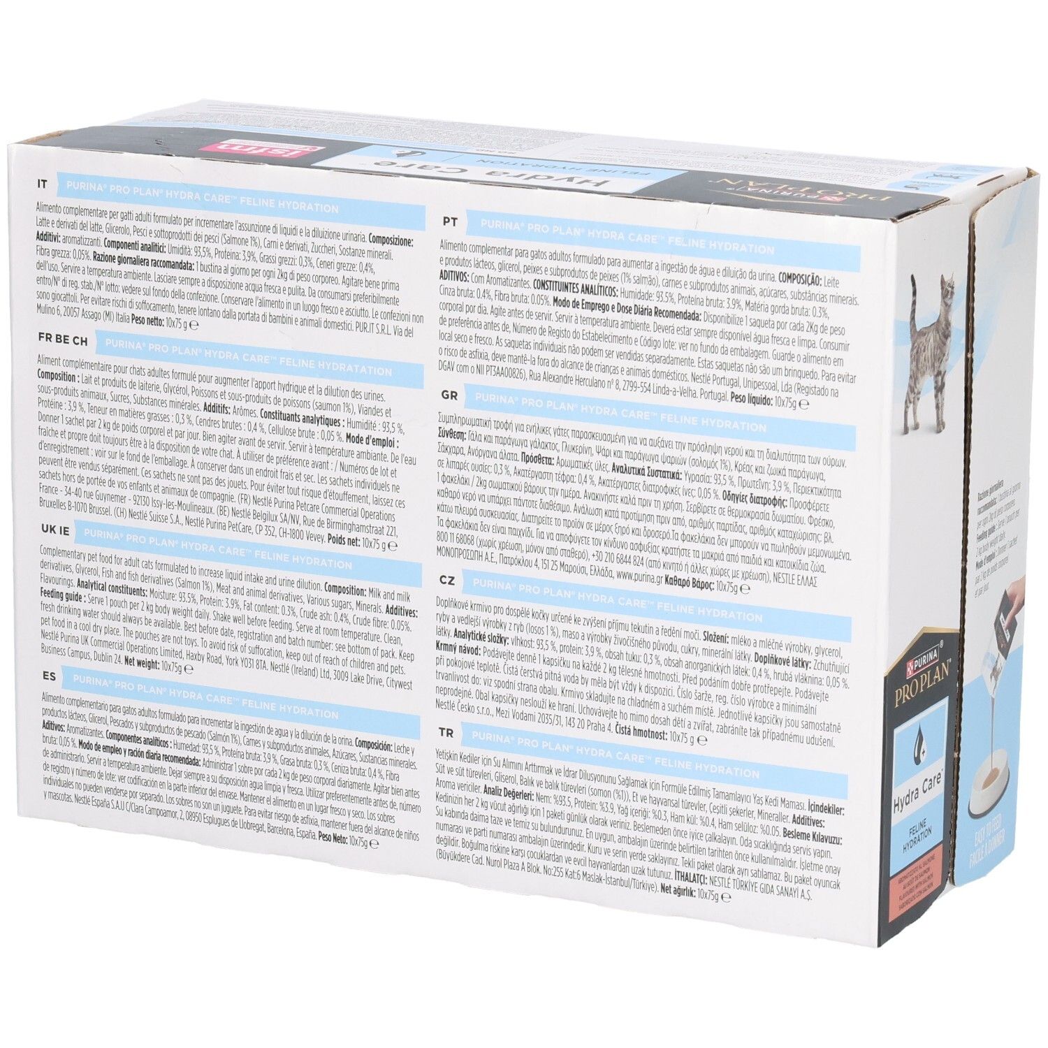 Rückseite der PRO PLAN Hydra Care Verpackung. Text in verschiedenen Sprachen.