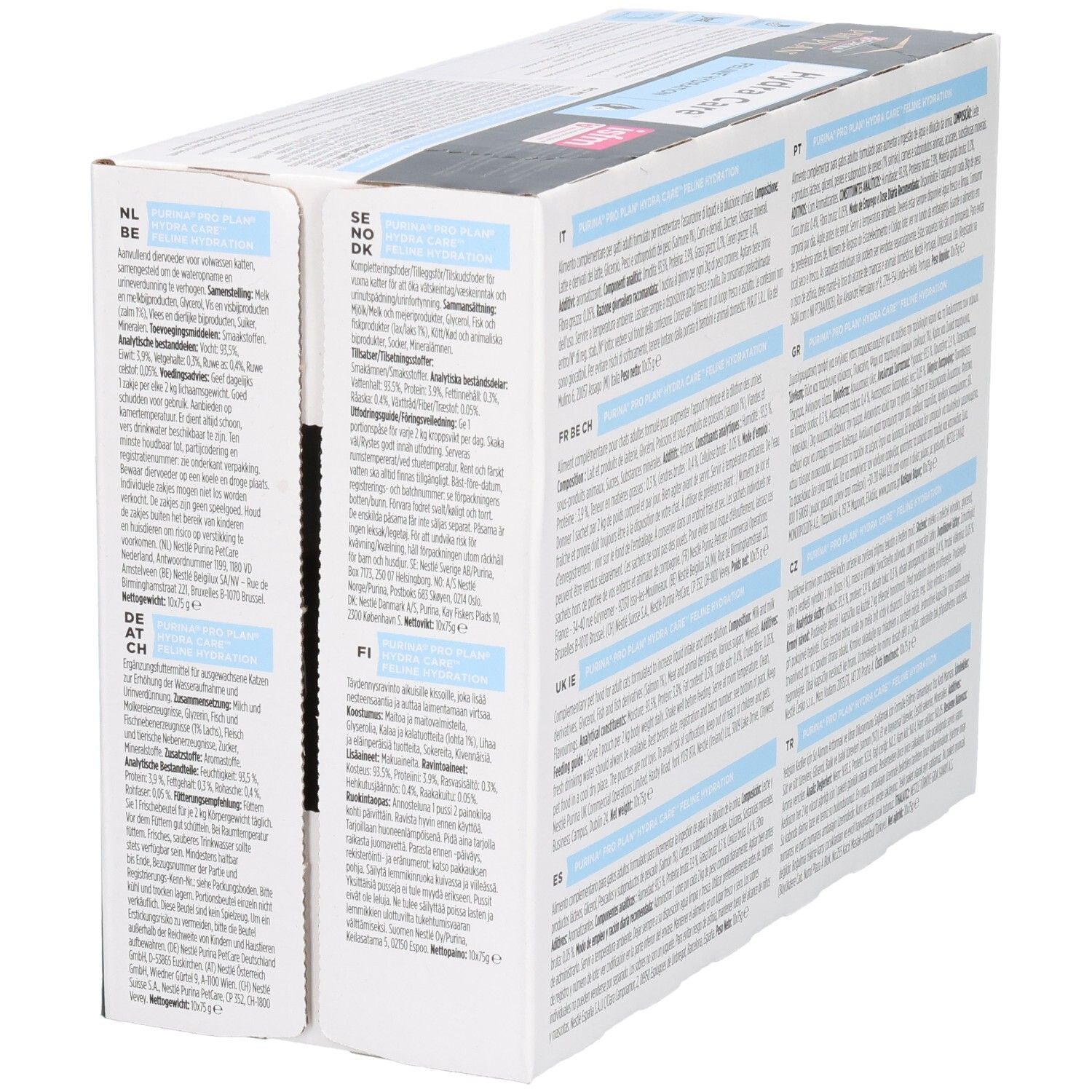 Rückseite der PRO PLAN Hydra Care Verpackung. Text in verschiedenen Sprachen.