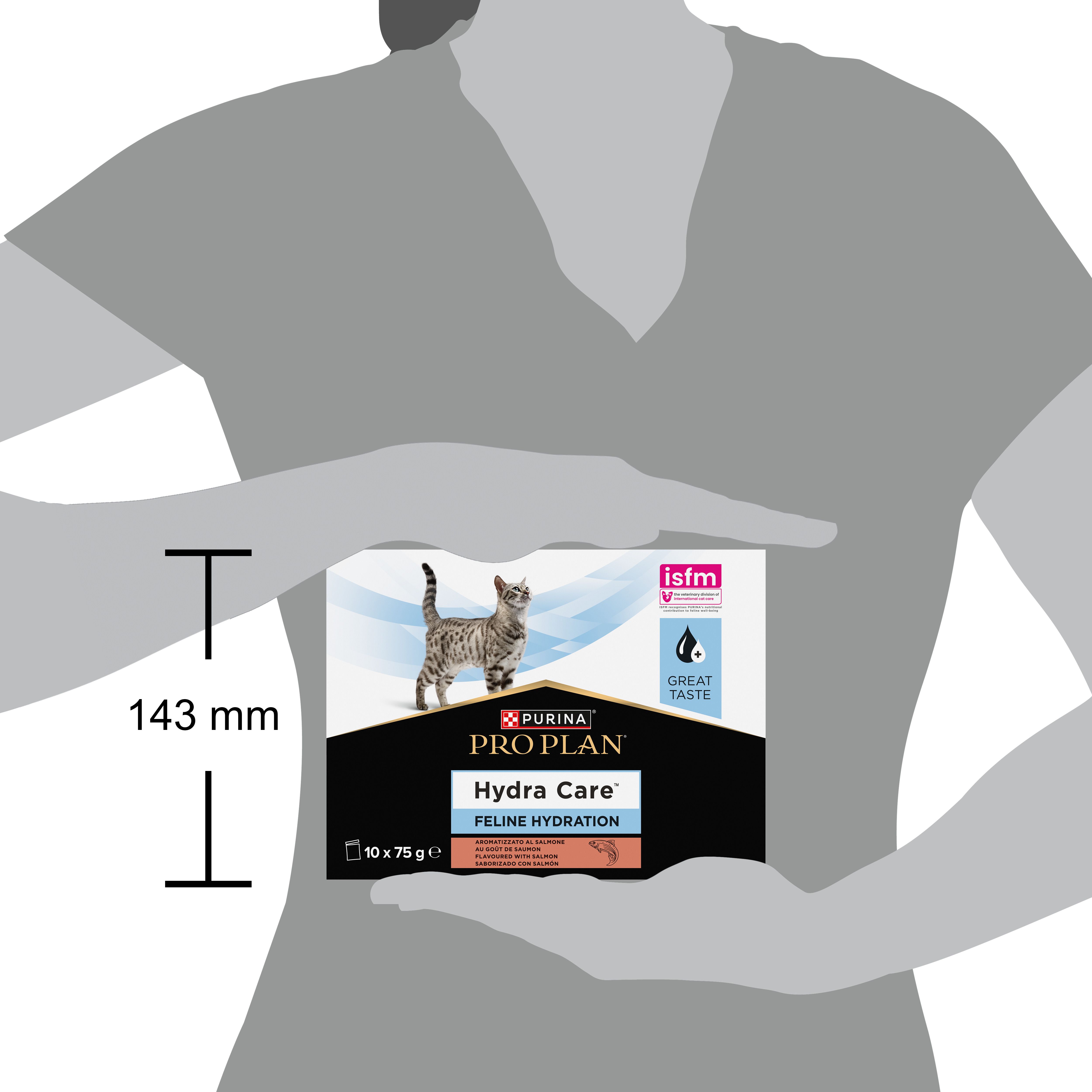 Boîte PRO PLAN Hydra Care, 10 sachets de 75g. Chat, logo et informations.