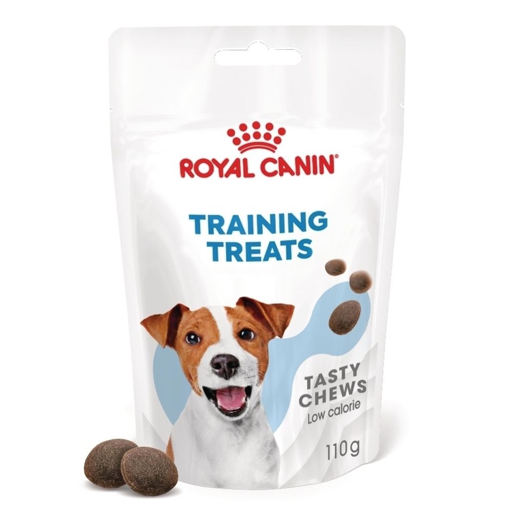 Sachet Royal Canin Training Treats avec visage de chien et représentation des friandises.