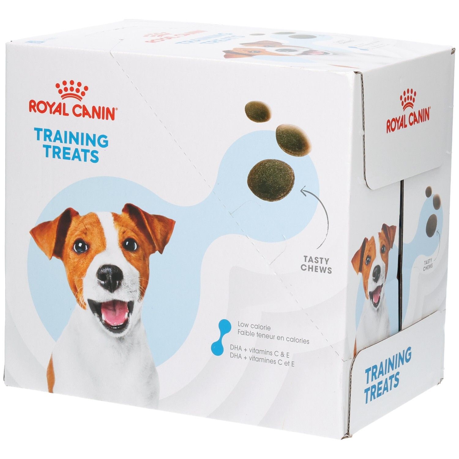 Royal Canin Trainingsleckerlis Verpackung mit Hundegesicht und Leckerli-Darstellung.