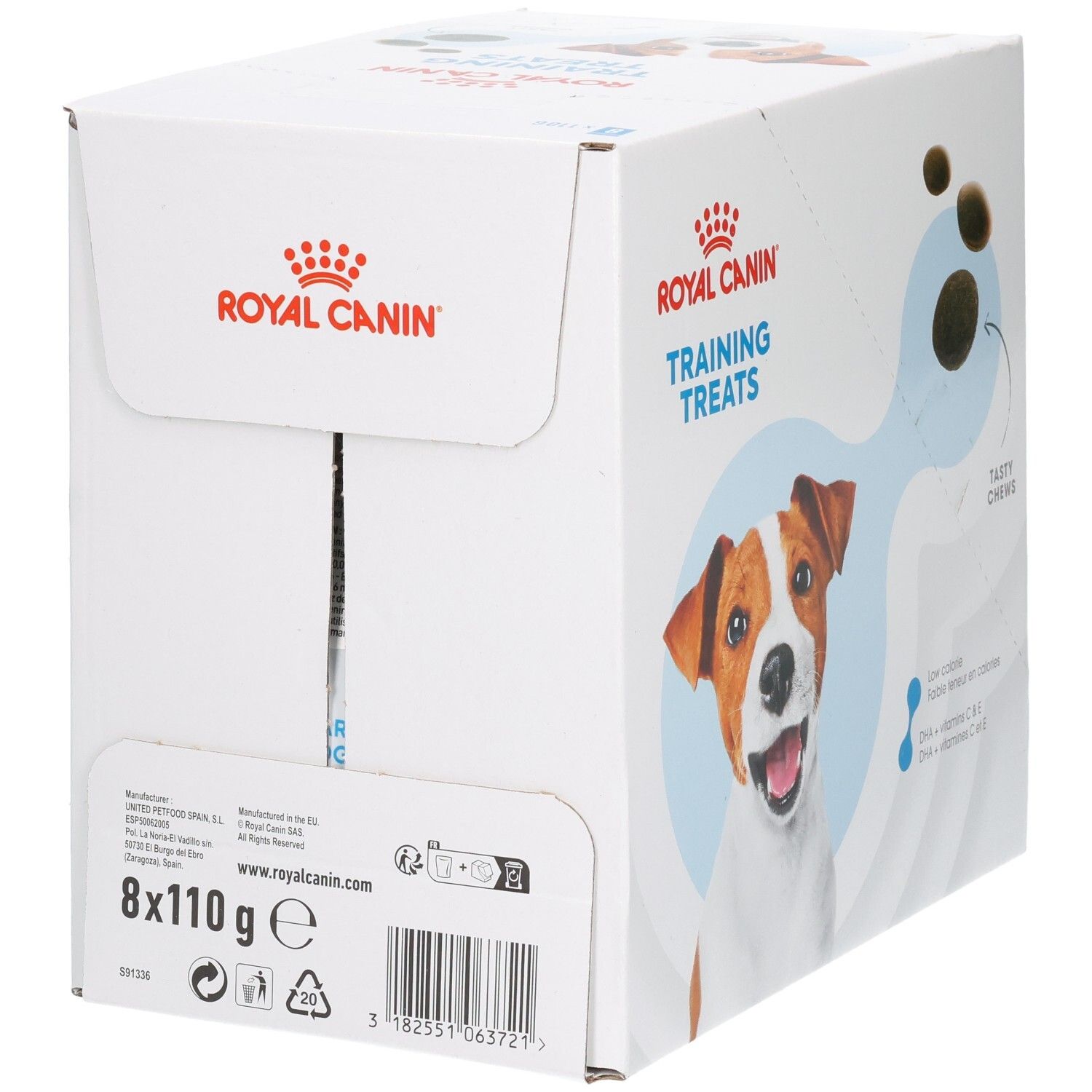 Royal Canin Trainingsleckerlis Verpackung, Rückseite mit Produktinformationen und Barcode.