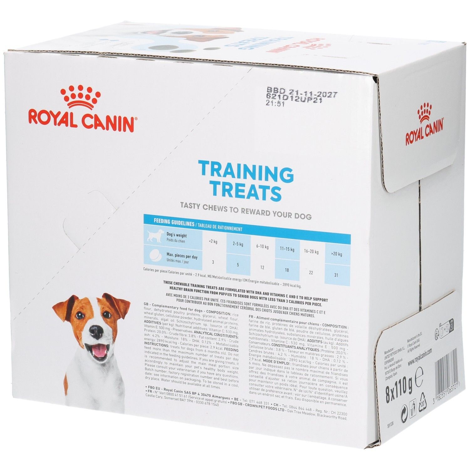 Royal Canin Trainingsleckerlis Verpackung, Seite mit Fütterungsempfehlungen und Inhaltsstoffen.