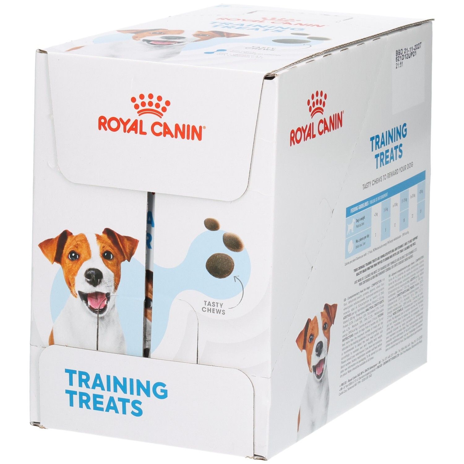 Royal Canin Trainingsleckerlis Verpackung, Vorderseite mit Hundegesicht und Produktname.