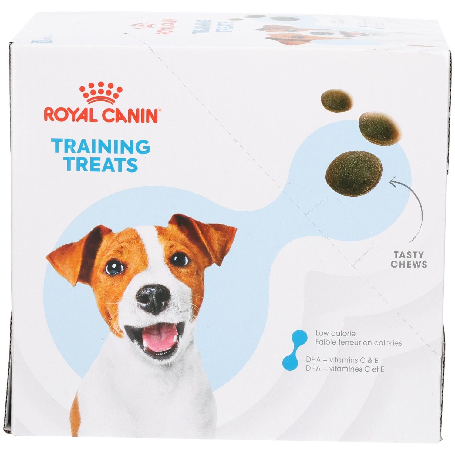 Royal Canin Trainingsleckerlis Verpackung mit Hundegesicht und Leckerli-Darstellung.