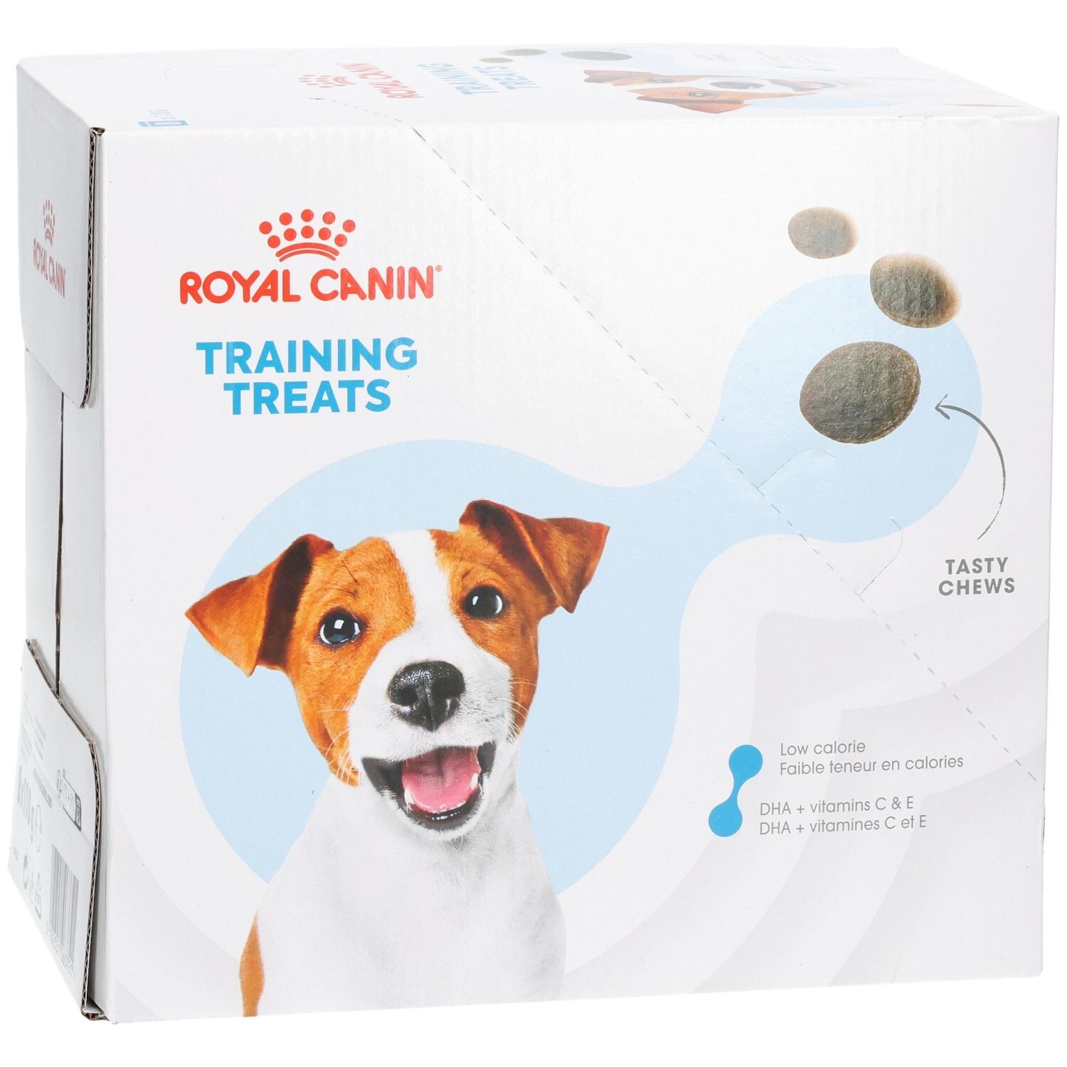 Royal Canin Trainingsleckerlis Verpackung mit Hundegesicht und Leckerli-Darstellung.
