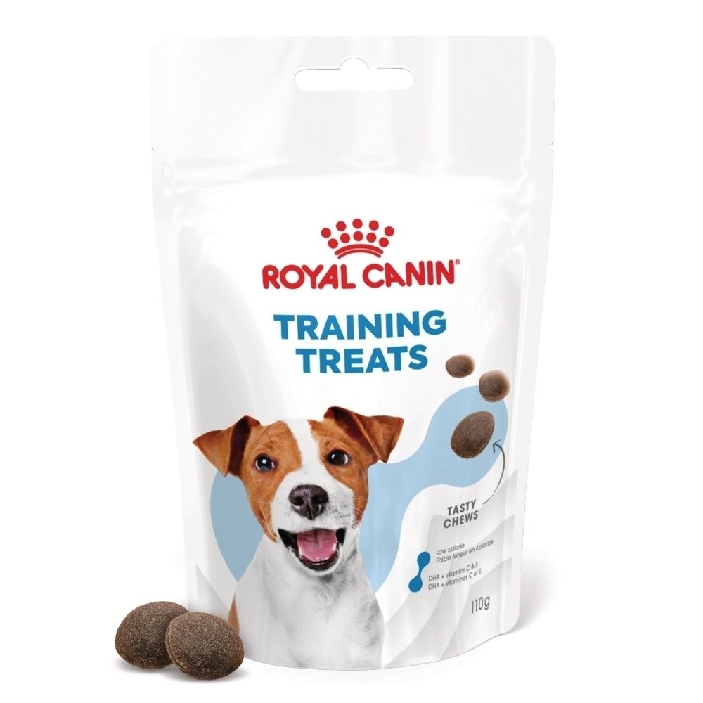 Sachet Royal Canin Training Treats avec visage de chien et représentation des friandises.