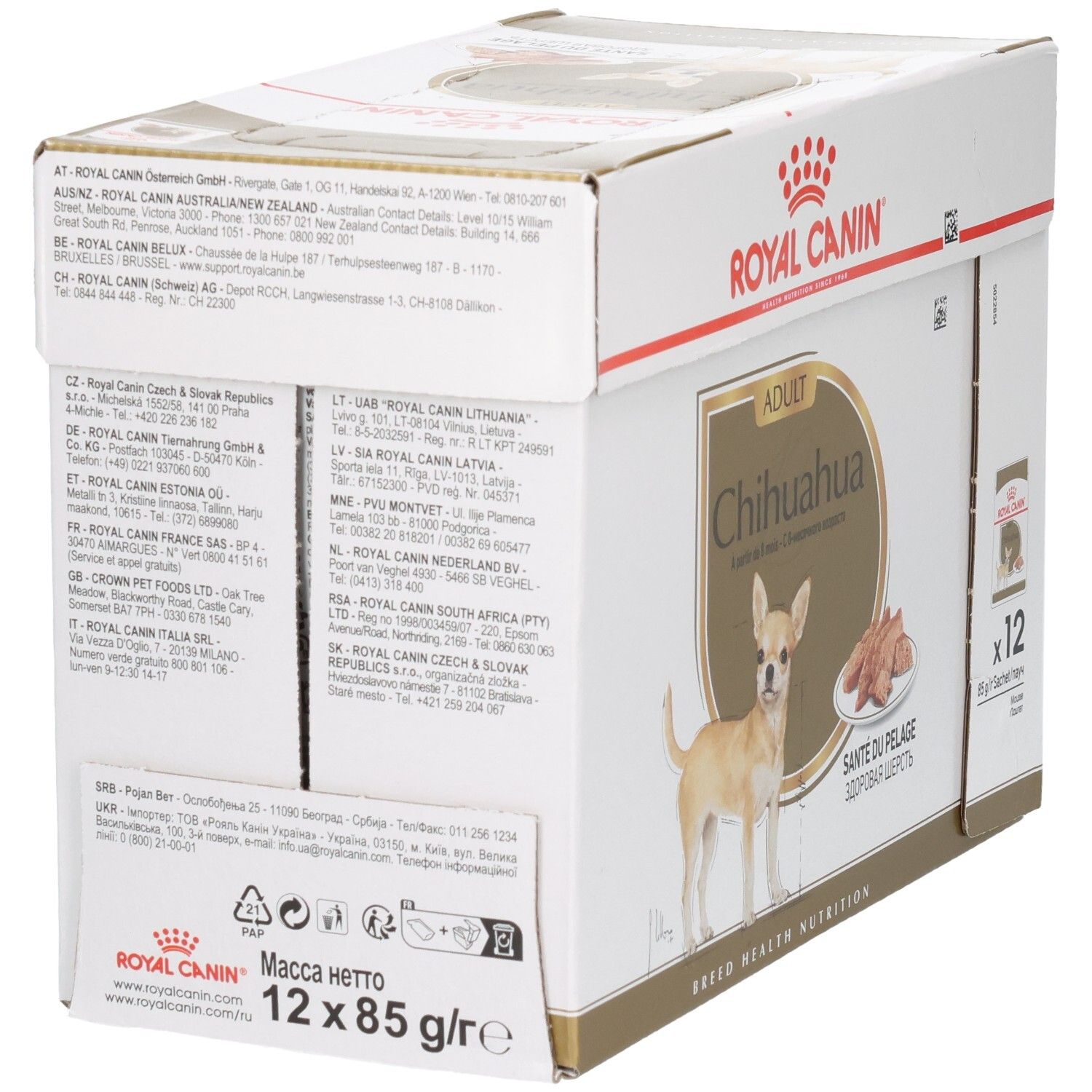 Rückseite des Royal Canin Chihuahua Futterkartons mit Adressinformationen und Recycling-Symbolen.