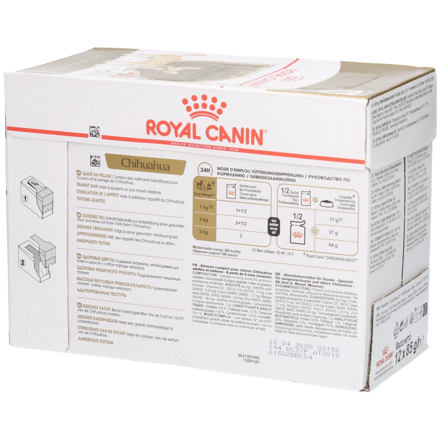 Seitenansicht des Royal Canin Chihuahua Futterkartons mit Fütterungsempfehlungen und Produktinformationen.