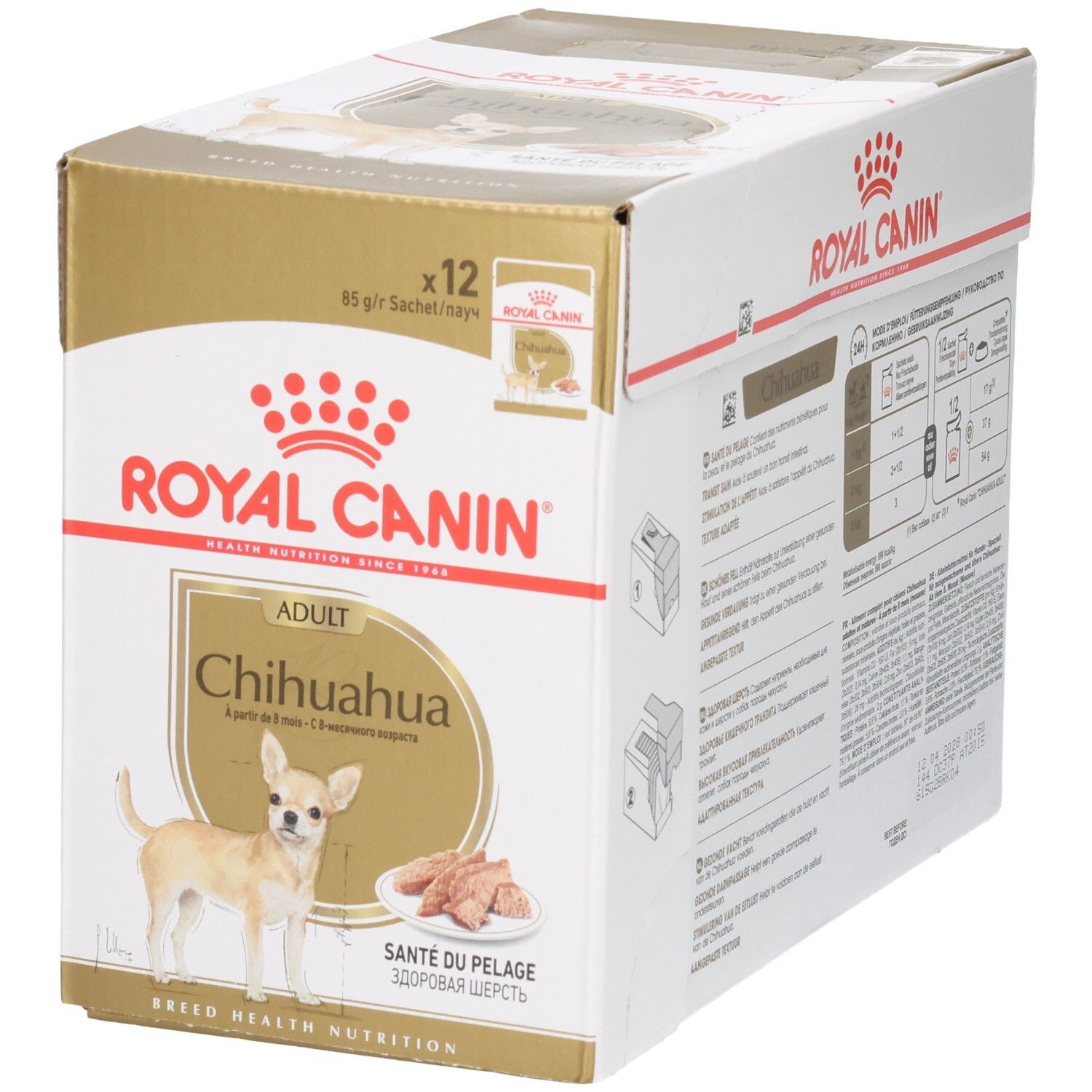 Vorderseite des Royal Canin Chihuahua Futterkartons mit 12 x 85g Beuteln. Zeigt einen Chihuahua und eine Schale mit Futter.