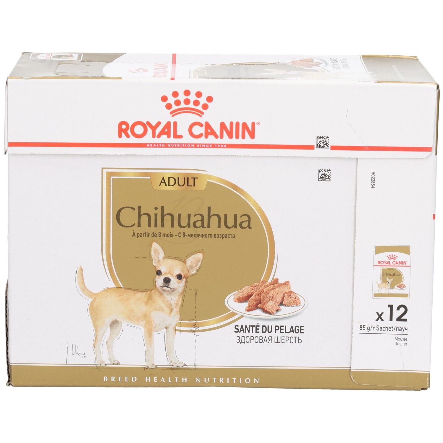 Royal Canin Chihuahua Adult Futterkarton mit 12 x 85g Beuteln. Zeigt einen Chihuahua und eine Schale mit Futter.