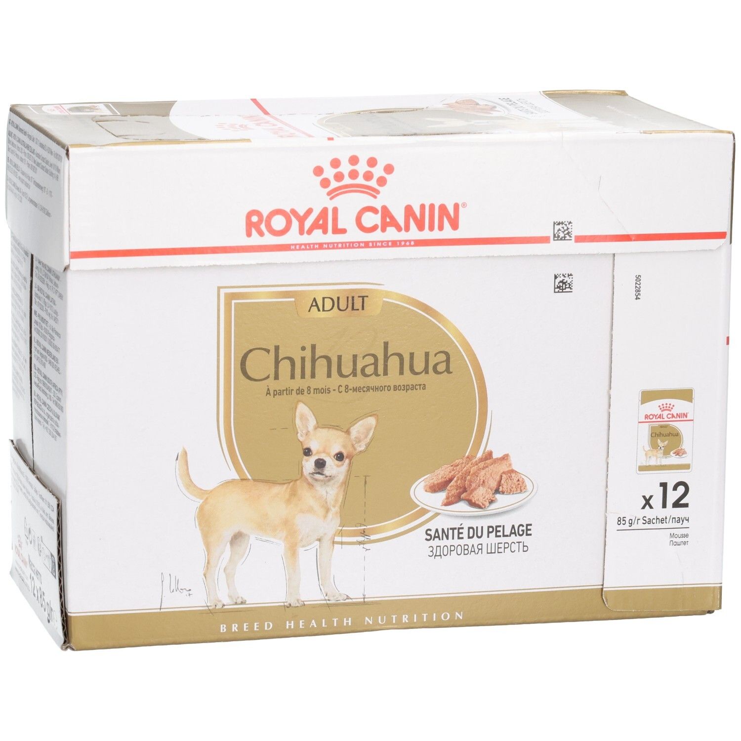 Royal Canin Chihuahua Adult Futterkarton mit 12 x 85g Beuteln. Zeigt einen Chihuahua und eine Schale mit Futter.