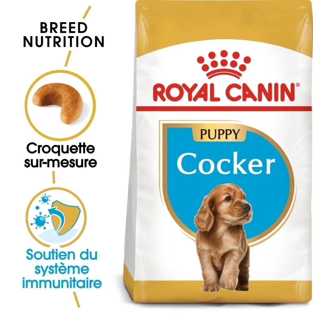 Royal Canin Cocker Puppy Hundefutter-Sack mit Welpenbild und Informationen zur Krokettenform und Immununterstützung.