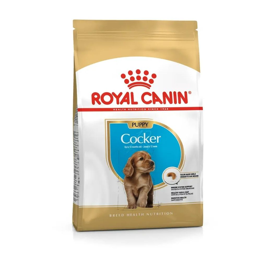 Royal Canin Puppy Cocker Hundefutter-Beutel mit einem Bild eines Cocker Spaniel Welpen.