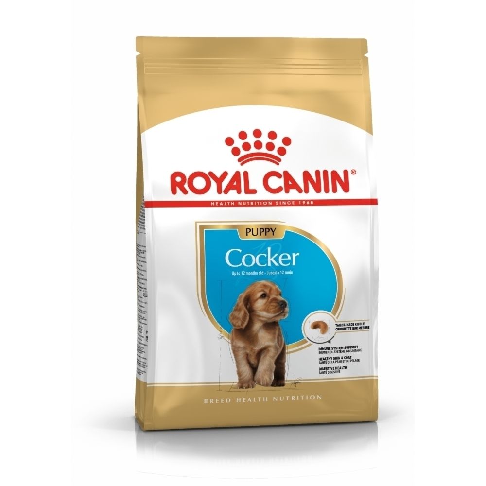 Royal Canin Cocker Welpenfutter-Beutel mit Bild eines Cocker Spaniel Welpen und Produktinformationen.