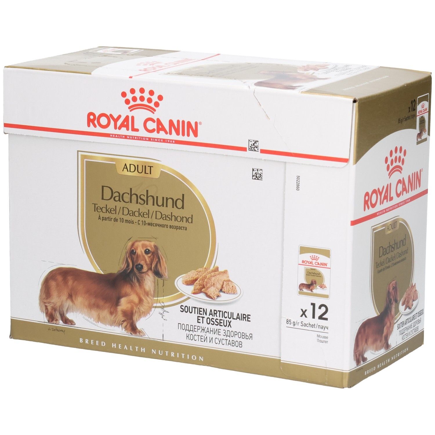 Royal Canin Dachshund Adult Trockenfutter-Box mit 12 Beuteln.