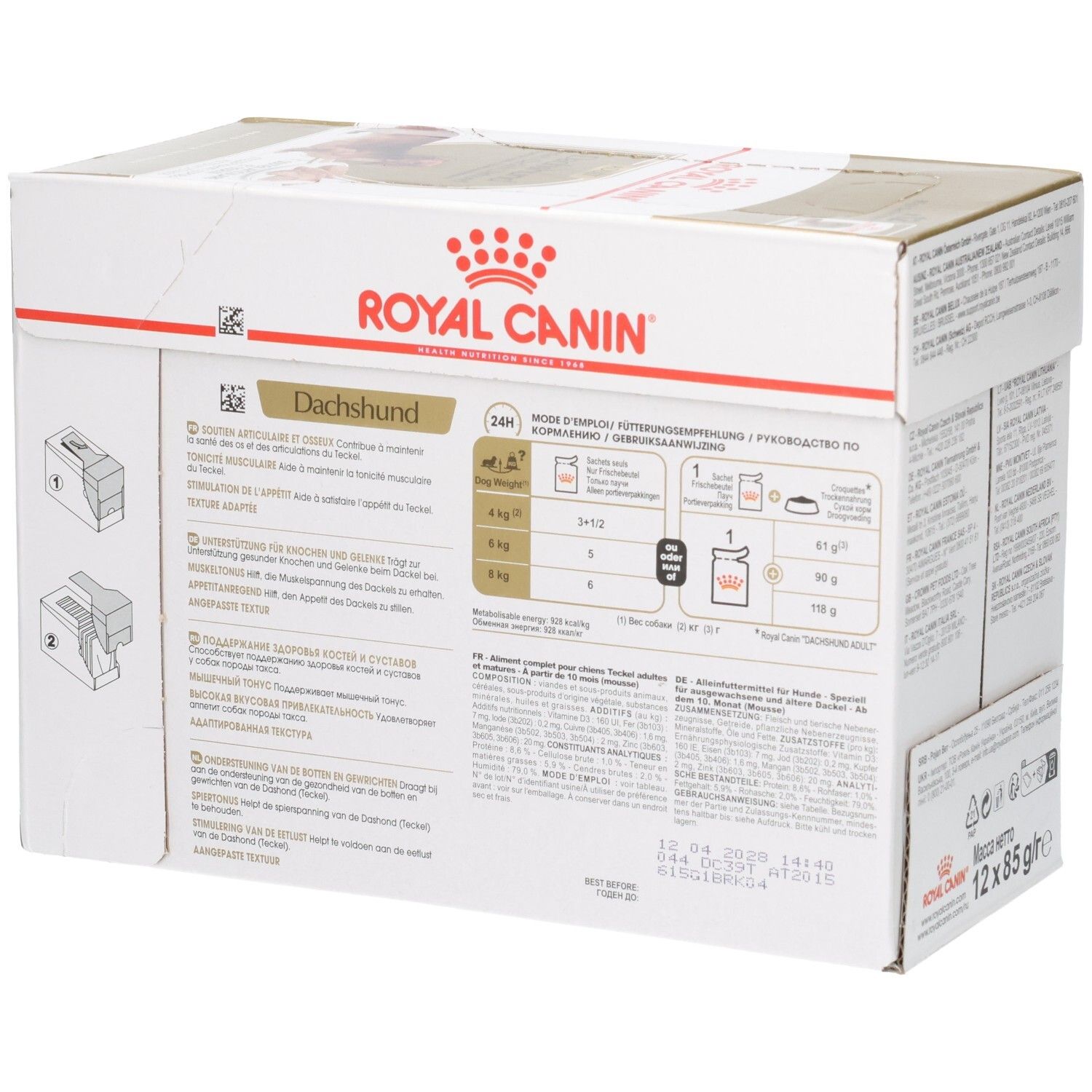 Seitenansicht der Royal Canin Dachshund Adult Futter-Box mit Fütterungshinweisen.