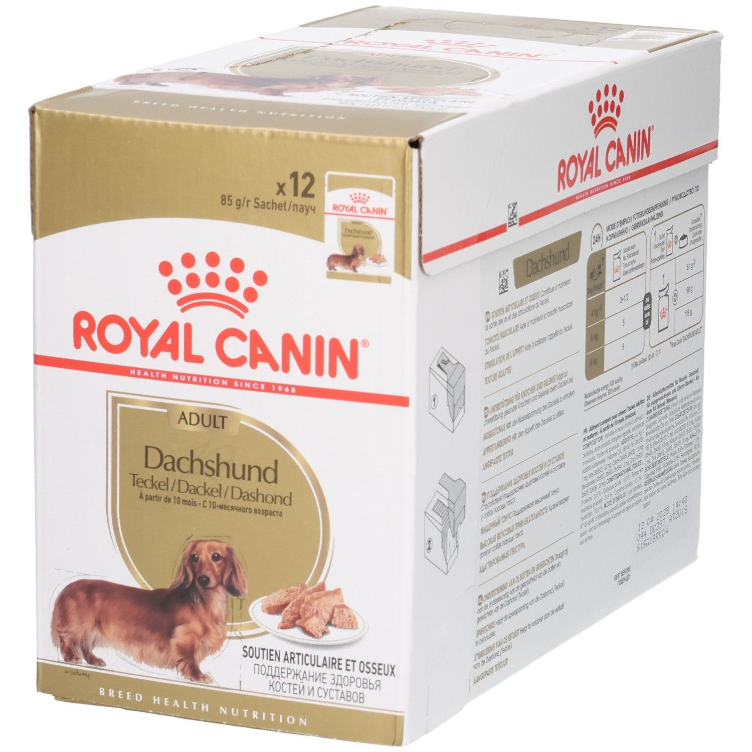 Royal Canin Dachshund Adult Trockenfutter-Box mit 12 Beuteln, Vorder- und Seitenansicht.