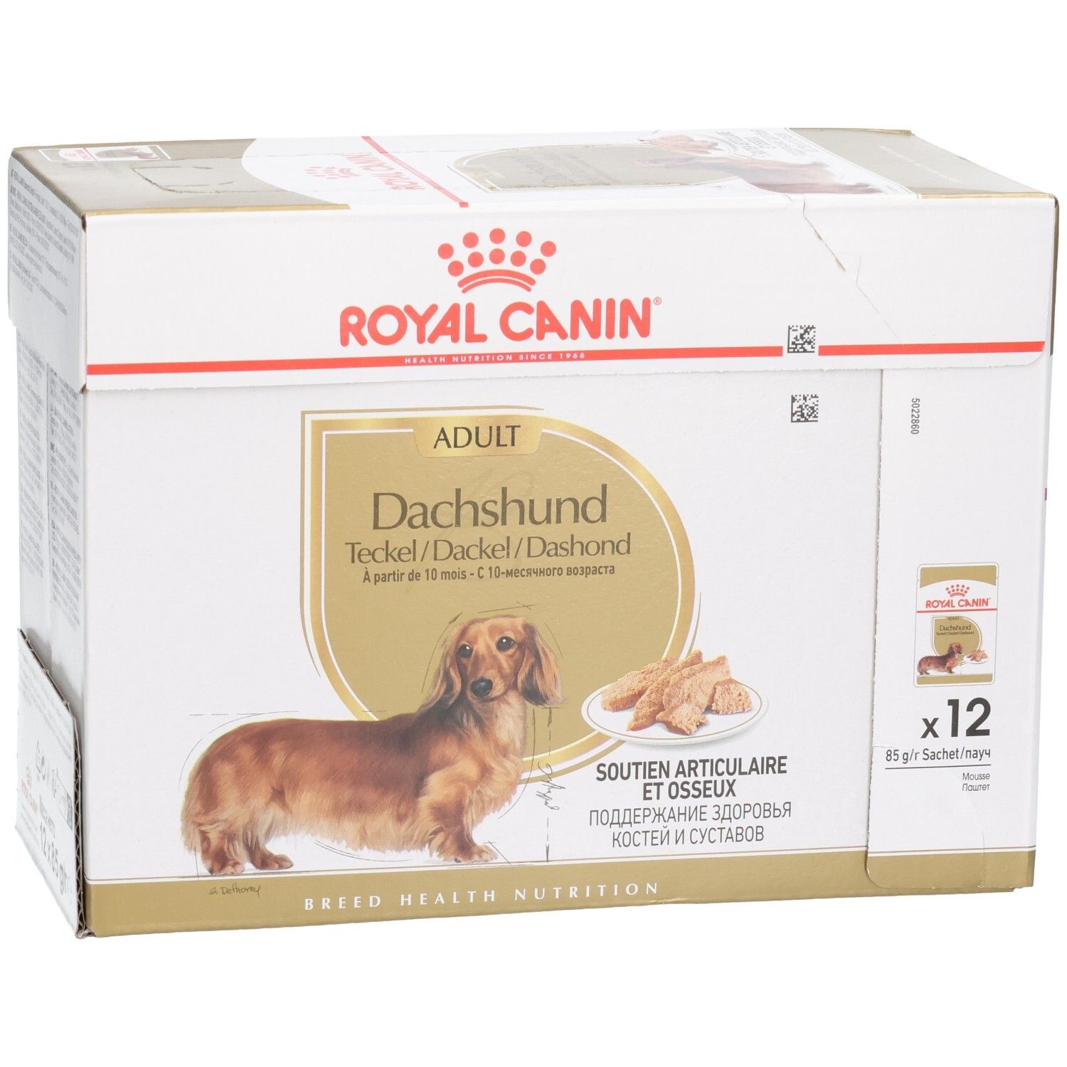 Royal Canin Dachshund Adult Trockenfutter-Box mit 12 Beuteln, seitliche Ansicht.