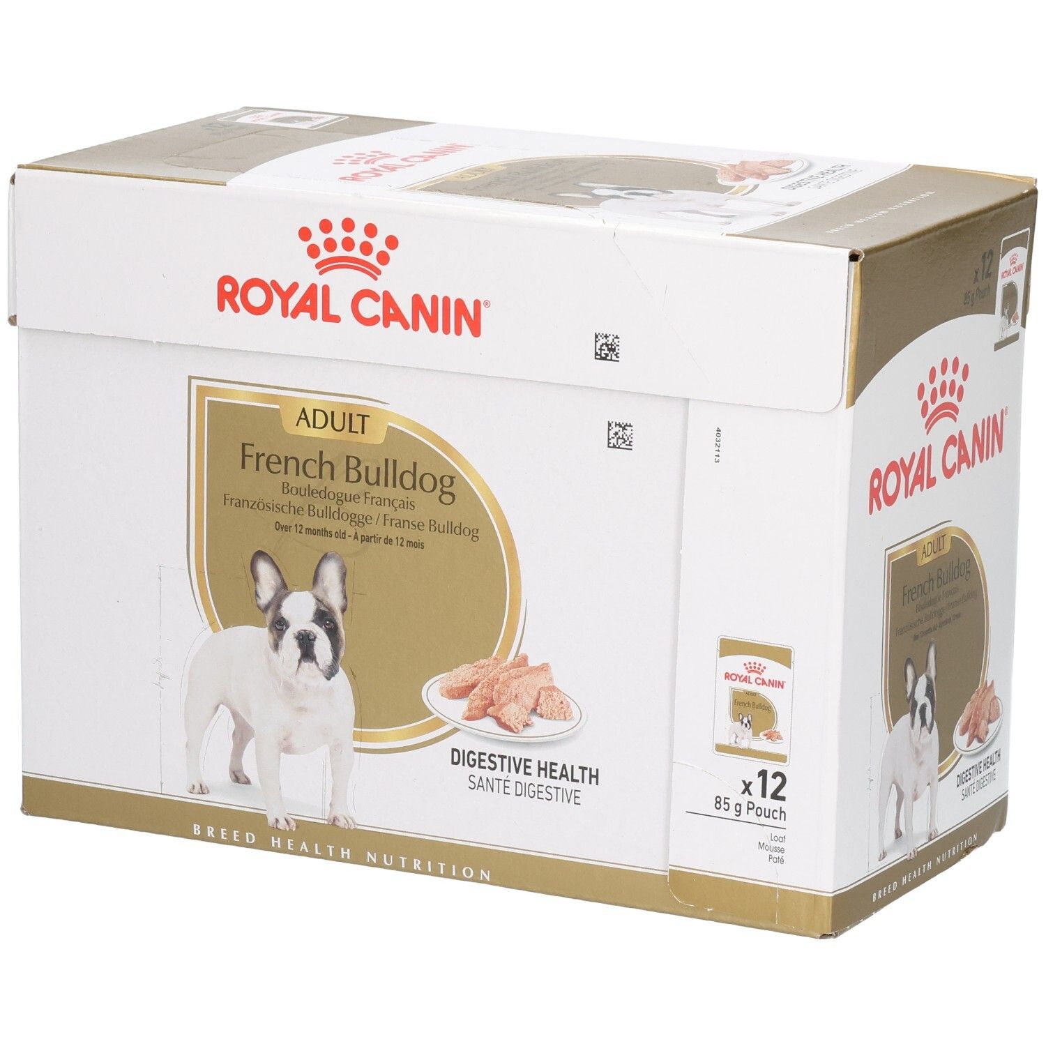 Royal Canin French Bulldog Adult Mousse Karton mit 12x 85g Beuteln.