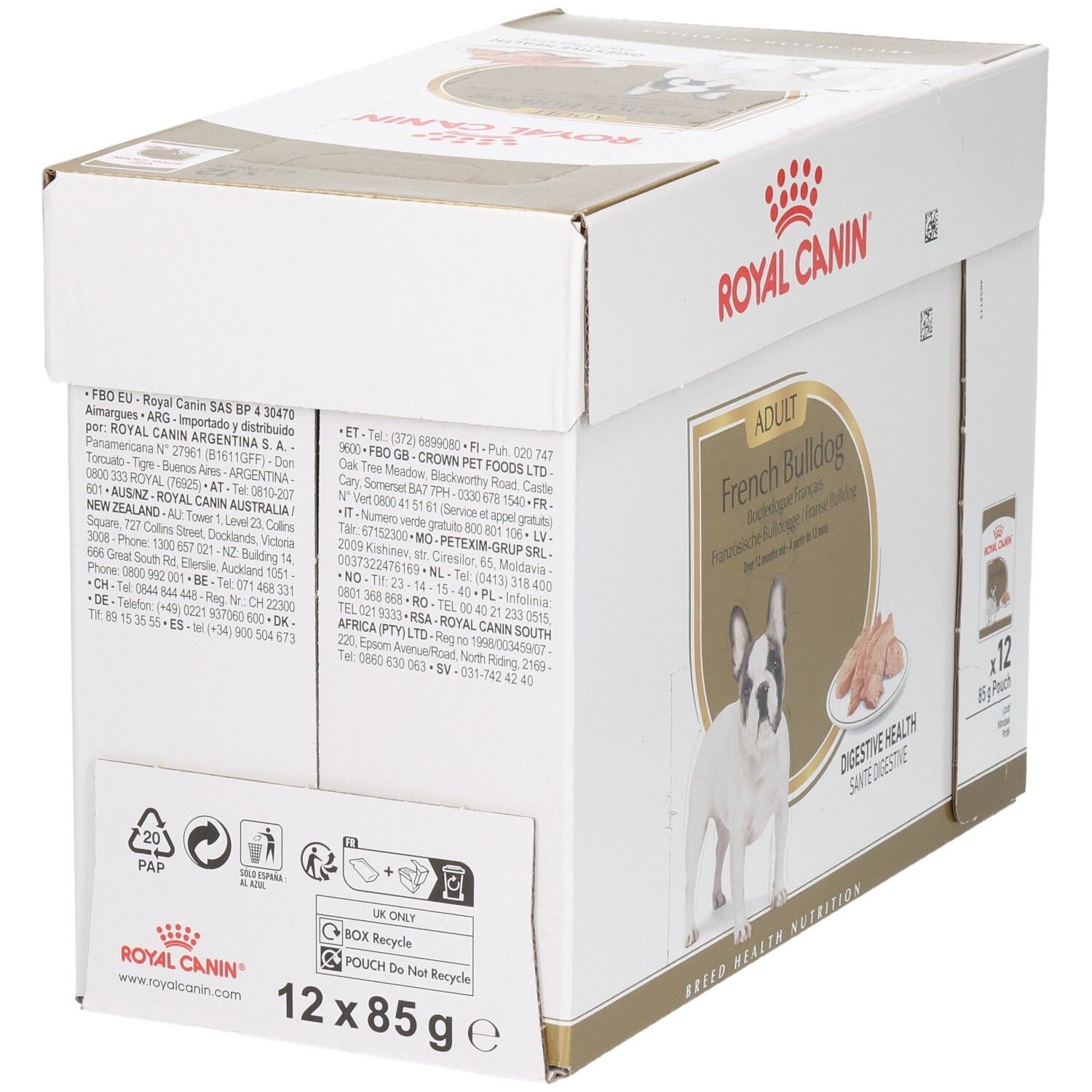 Royal Canin French Bulldog Adult Mousse Karton mit 12x 85g Beuteln.
