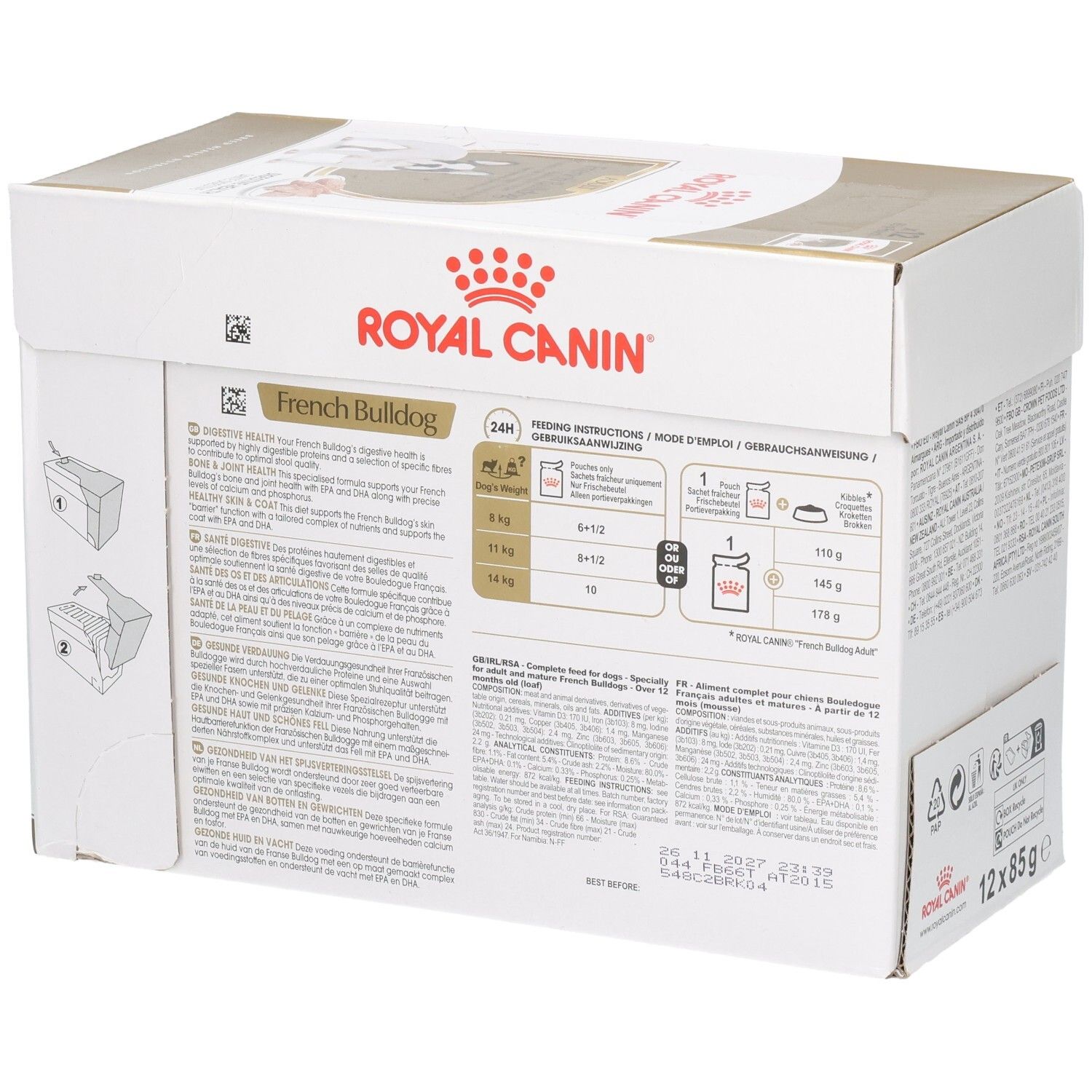 Royal Canin French Bulldog Adult Mousse Karton mit 12x 85g Beuteln.