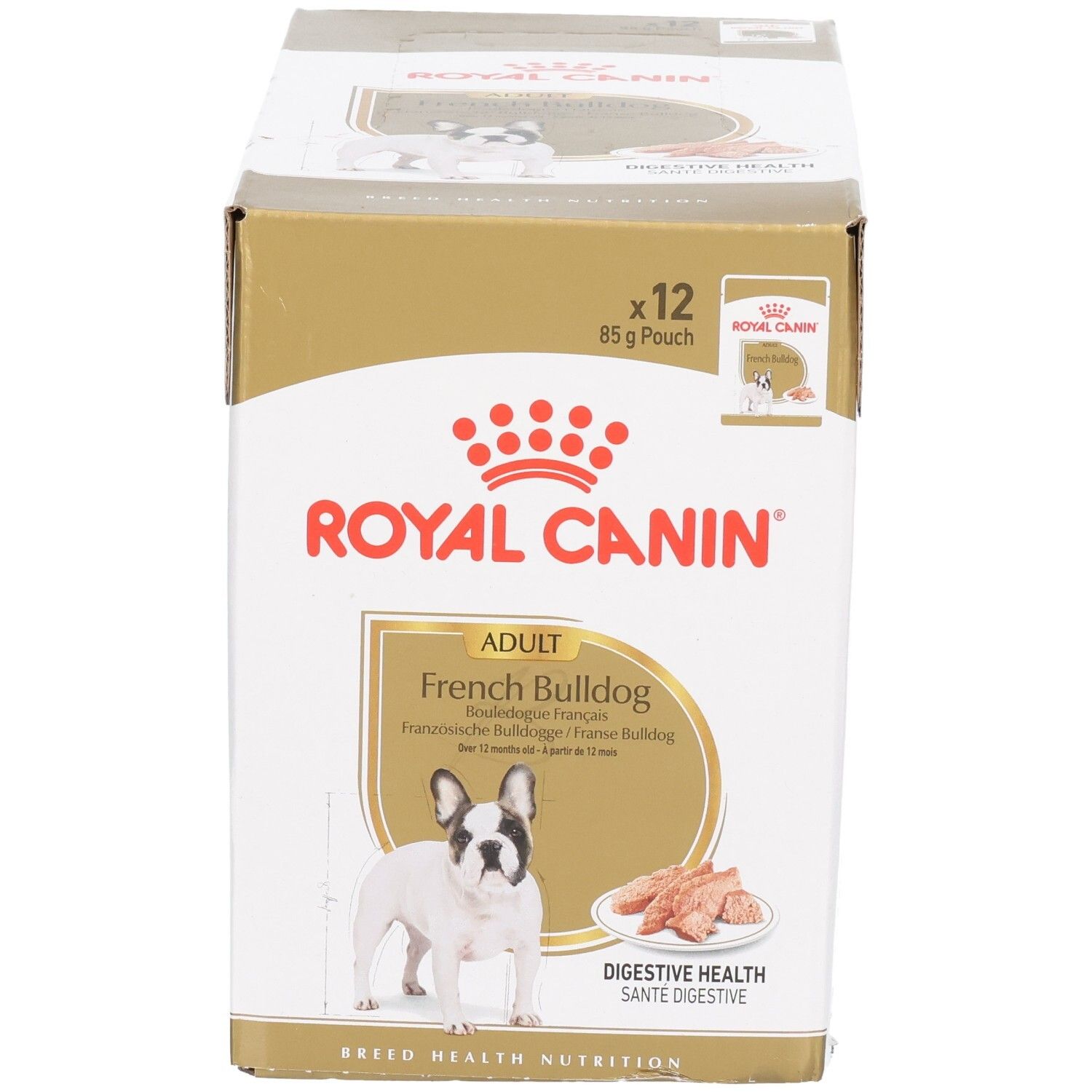 Royal Canin French Bulldog Adult Mousse Karton mit 12x 85g Beuteln.