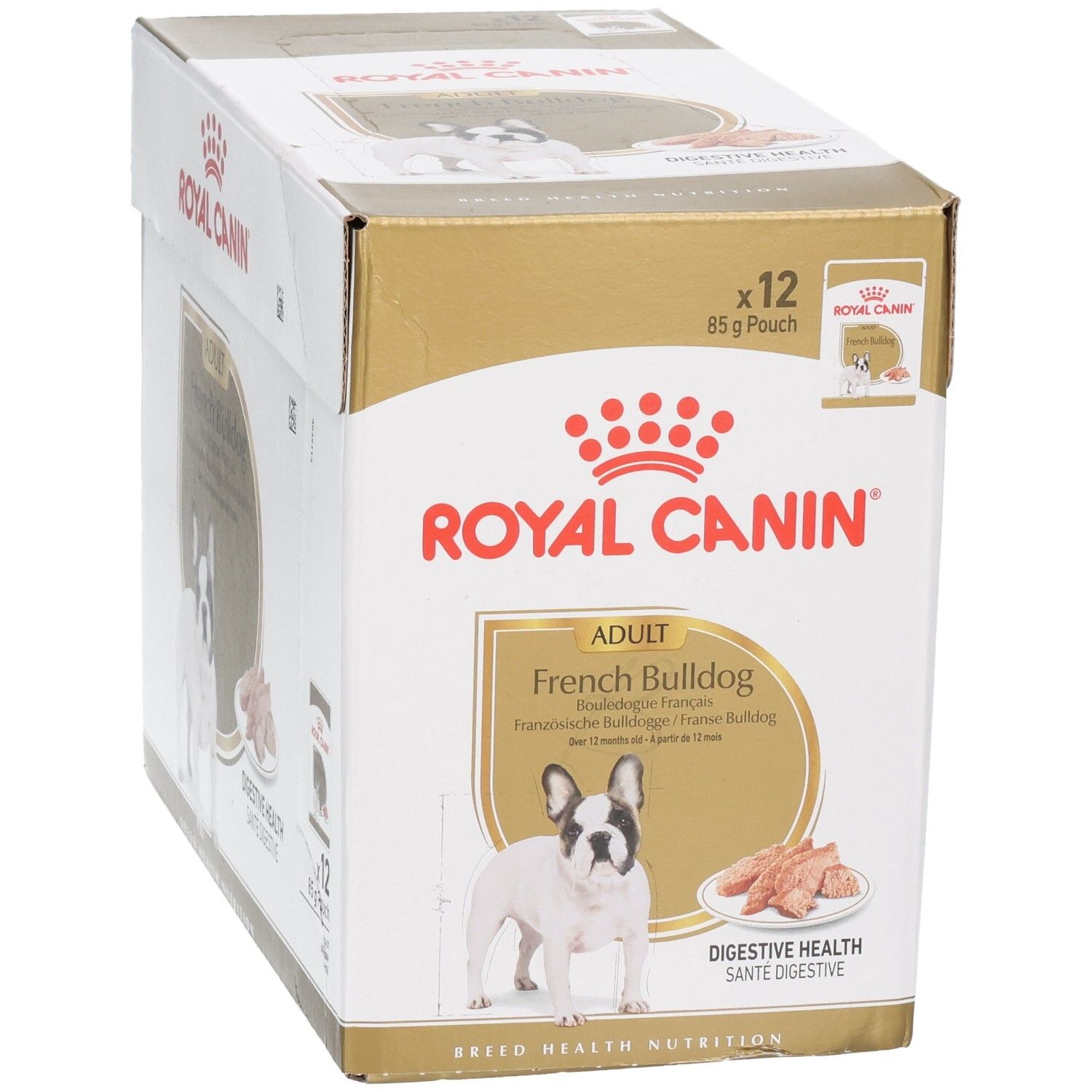 Royal Canin French Bulldog Adult Mousse Karton mit 12x 85g Beuteln.