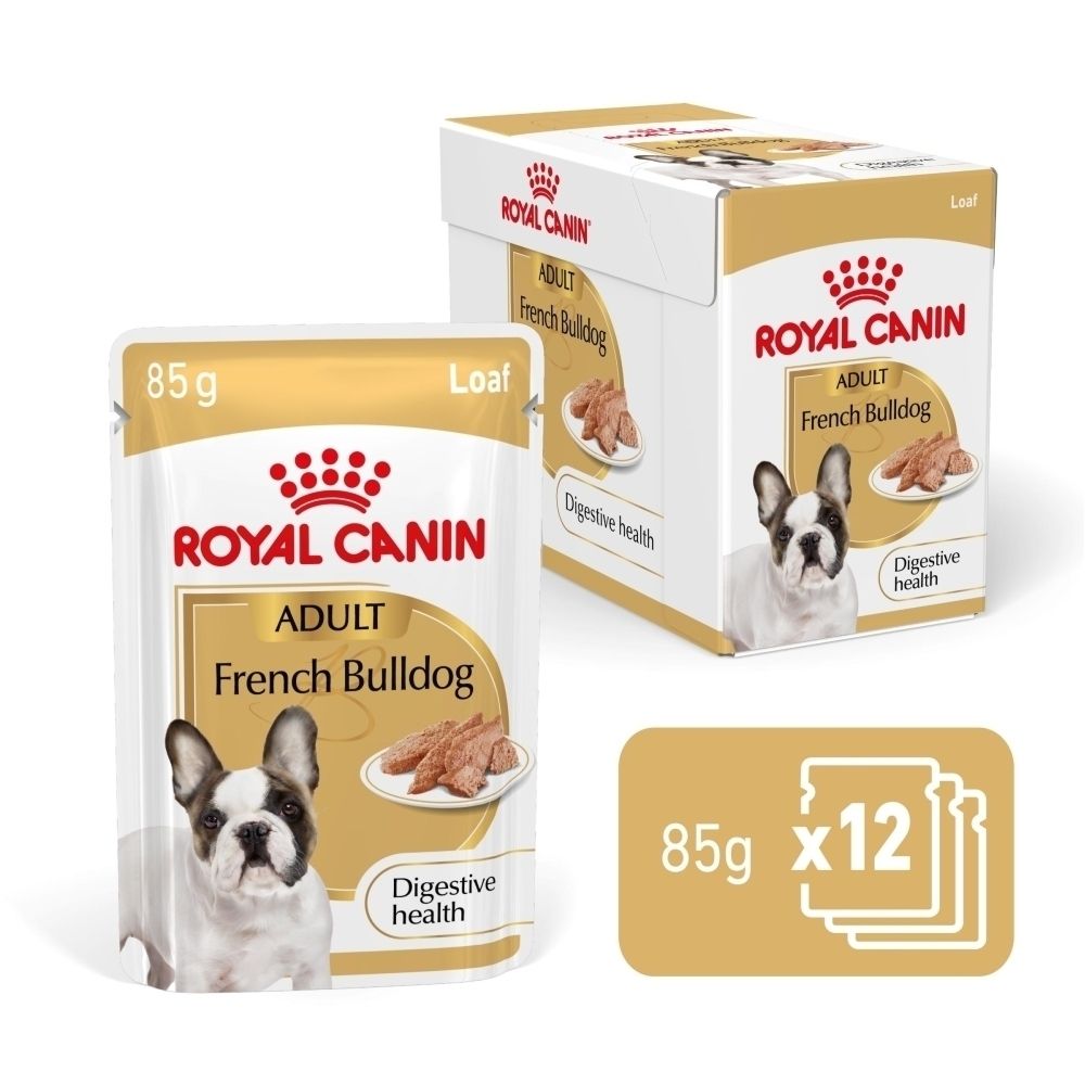Royal Canin Adult French Bulldog Hundefutter, 85g Beutel und Karton.