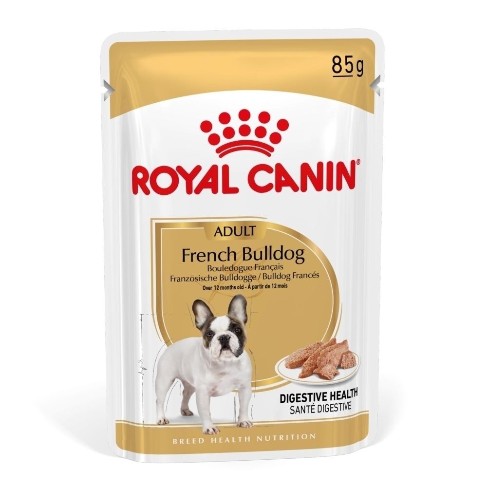 Royal Canin French Bulldog Adult 85g Beutel mit Hundebild und Futter.