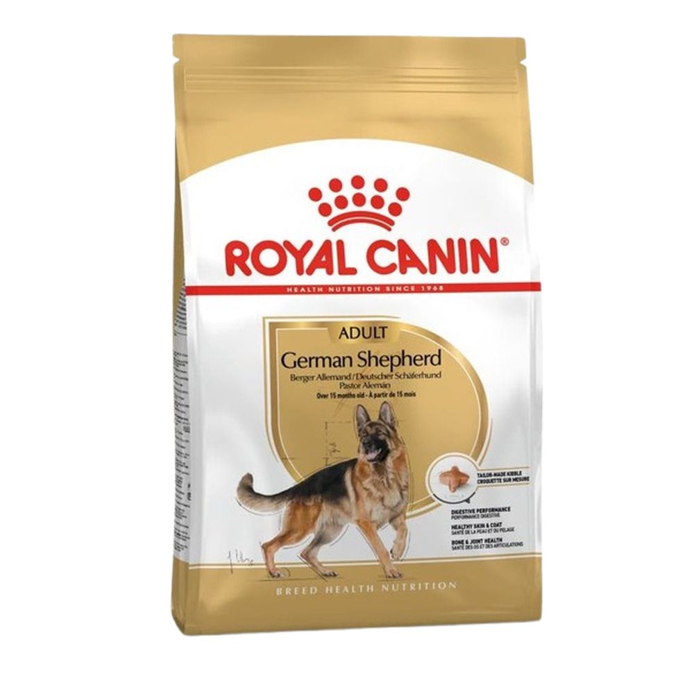 Sac de nourriture pour chien Royal Canin German Shepherd Adulte, 11kg. Emballage doré et blanc avec image d'un Berger Allemand.