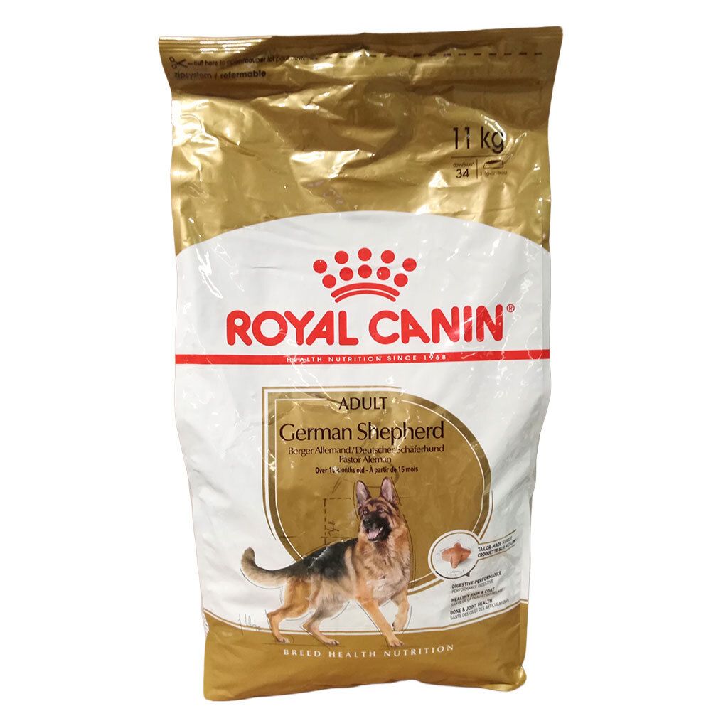 Royal Canin German Shepherd Adult Hundefutter, 11kg Beutel. Goldene und weiße Verpackung mit Bild eines Deutschen Schäferhundes.