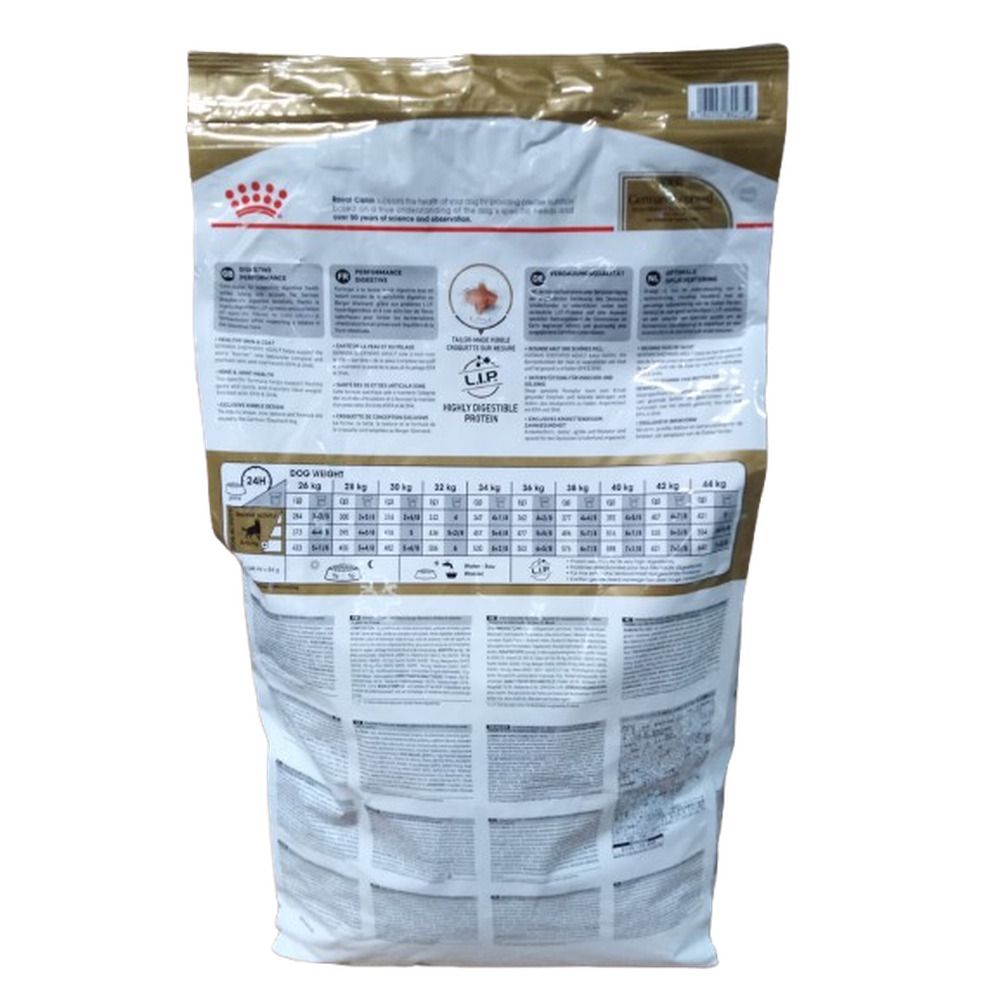 Rückseite des Royal Canin German Shepherd Adult Hundefutterbeutels (11kg) mit Nährwertangaben und Fütterungsempfehlungen.