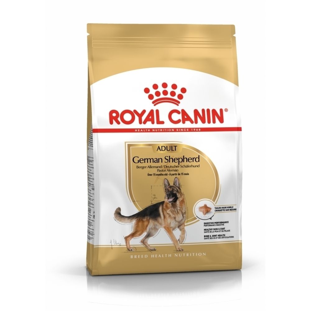 Royal Canin Adult German Shepherd Hundefutter-Beutel mit Bild eines Deutschen Schäferhundes.