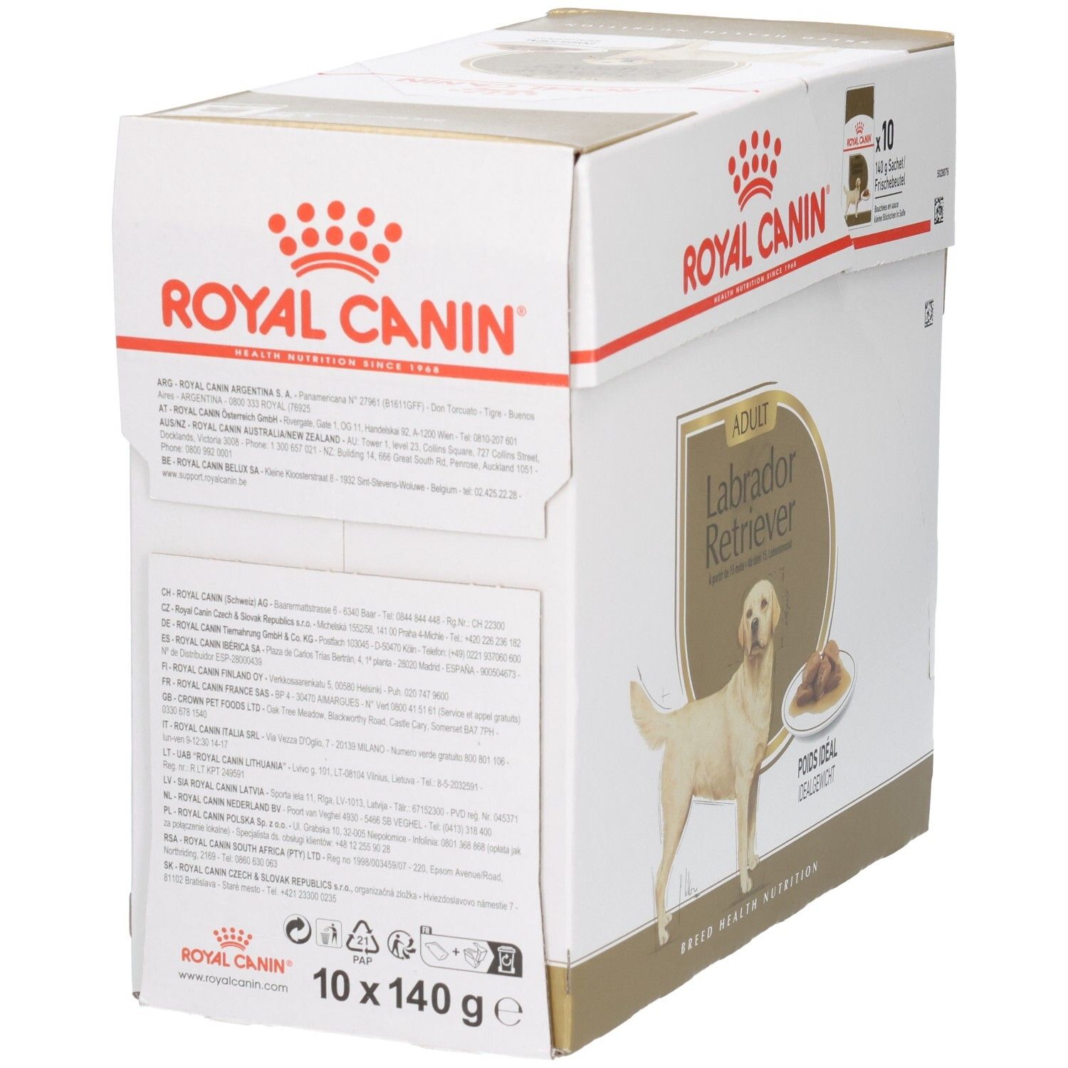 Royal Canin Labrador Retriever Adult Futterkarton, Rückseite mit Fütterungshinweisen.